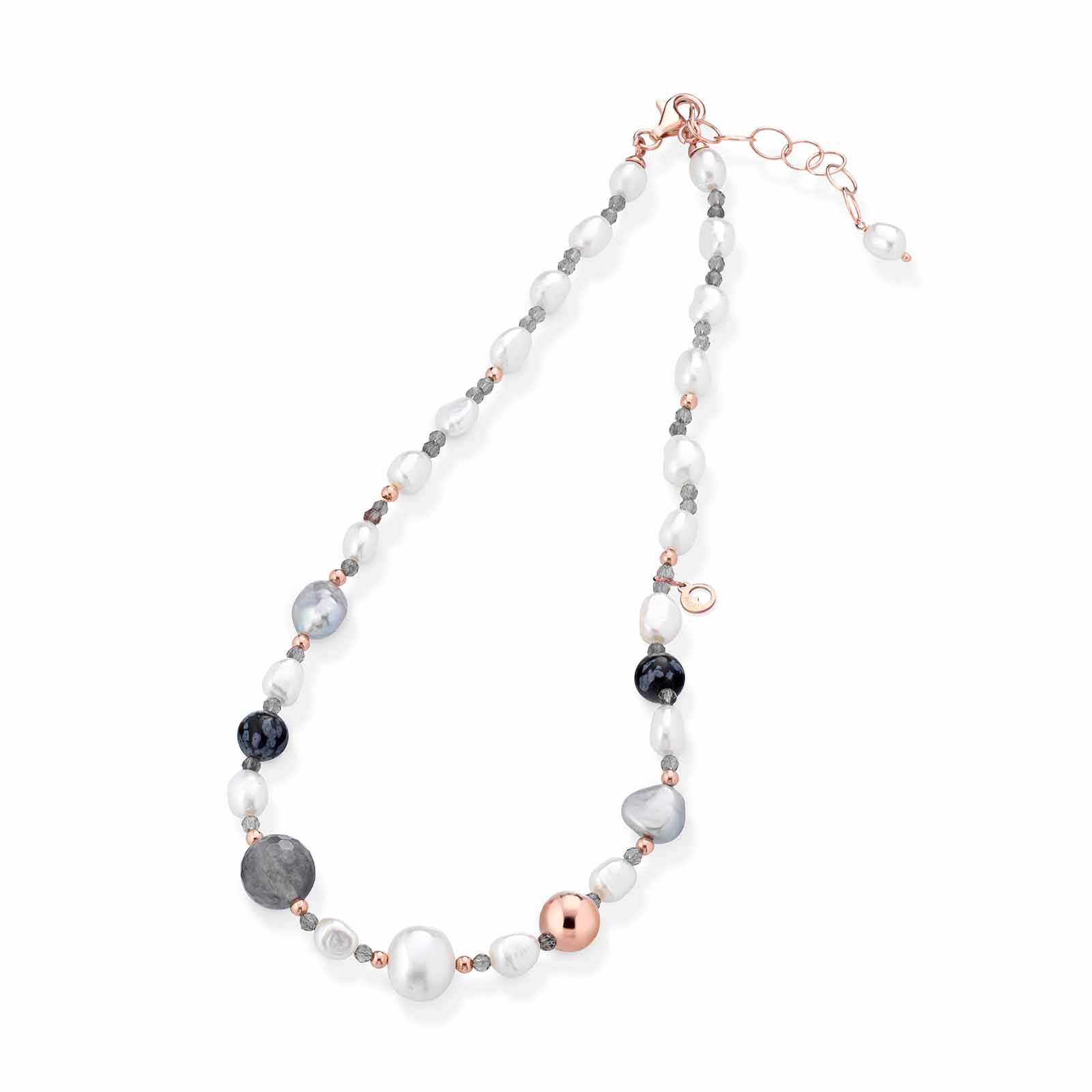 Collana con perle d'acqua dolce, AG925 rosa, spinello grigio, quarzo cloudy e ossidiana