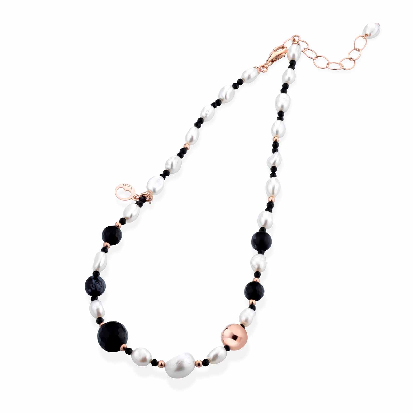Collana con perle d'acqua dolce, AG925 rosa, spinello nero, agata nera e ossidiana