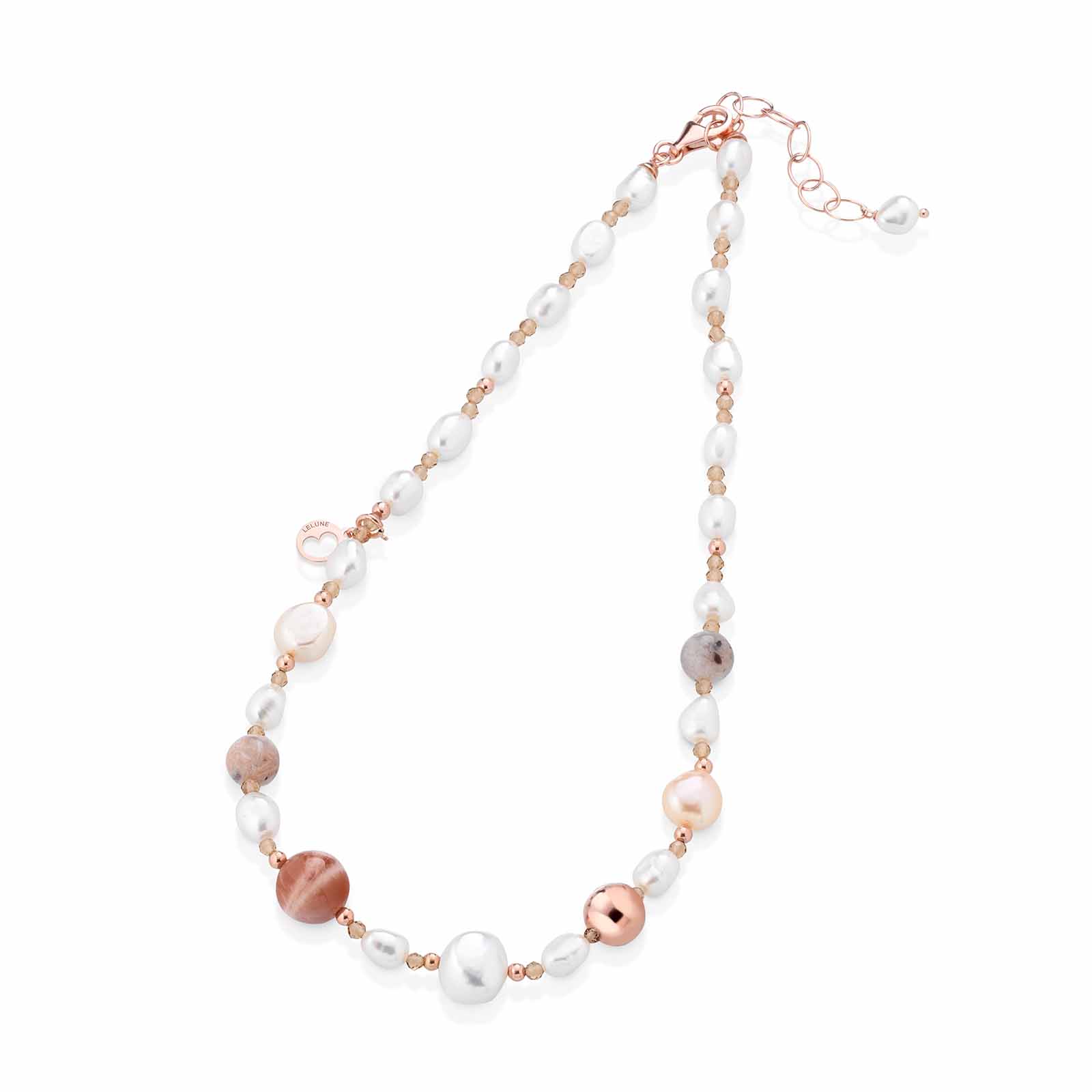Collana con perle d'acqua dolce, AG925 rosa, spinello miele, moonstone e agata striata