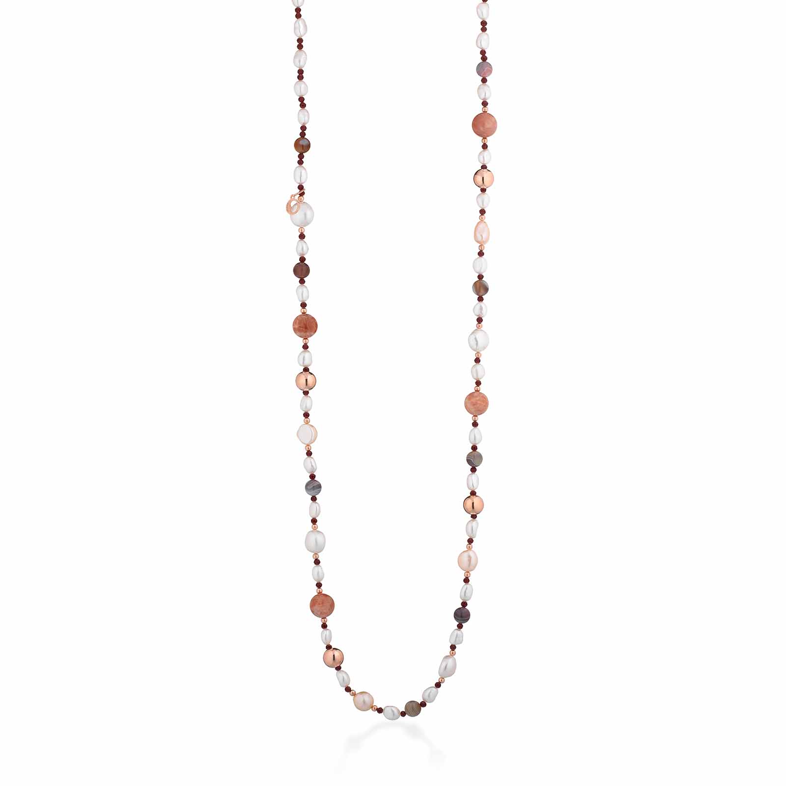Collana con perle d'acqua dolce, AG925 rosa, spinello ciliegia, moonstone e agata Botswana