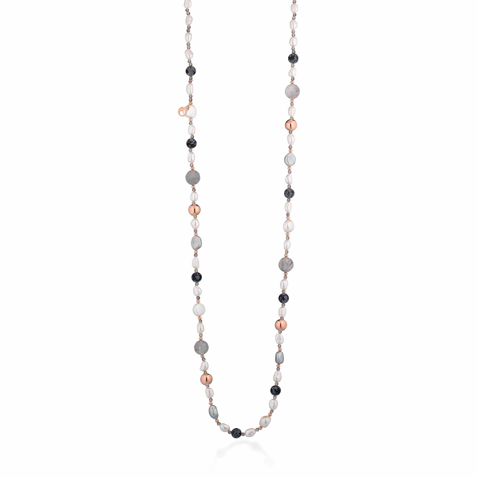 Collana con perle d'acqua dolce, AG925 rosa, spinello grigio, quarzo cloudy e ossidiana