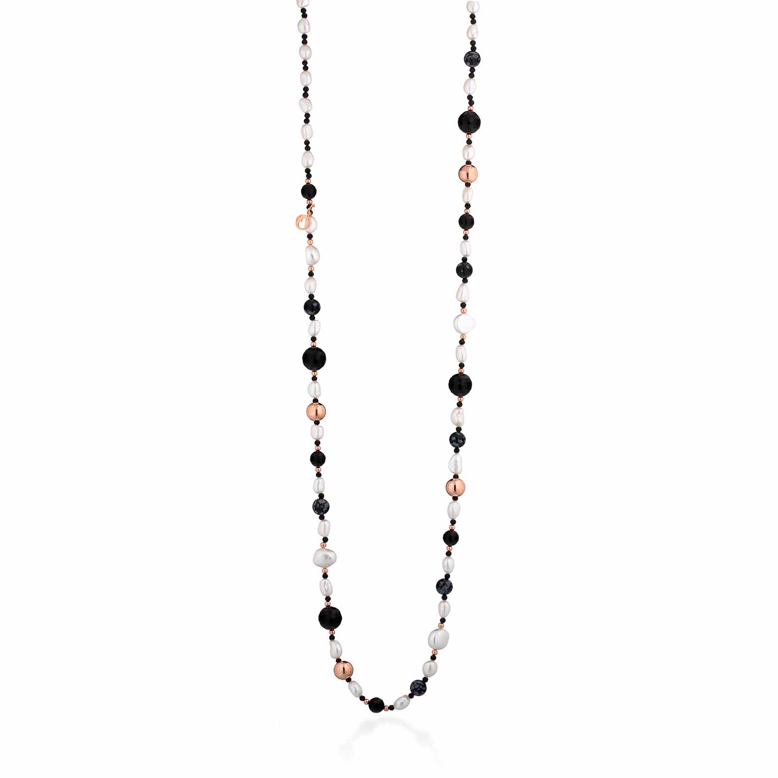 Collana con perle d'acqua dolce, AG925 rosa, spinello nero, agata nera e ossidiana