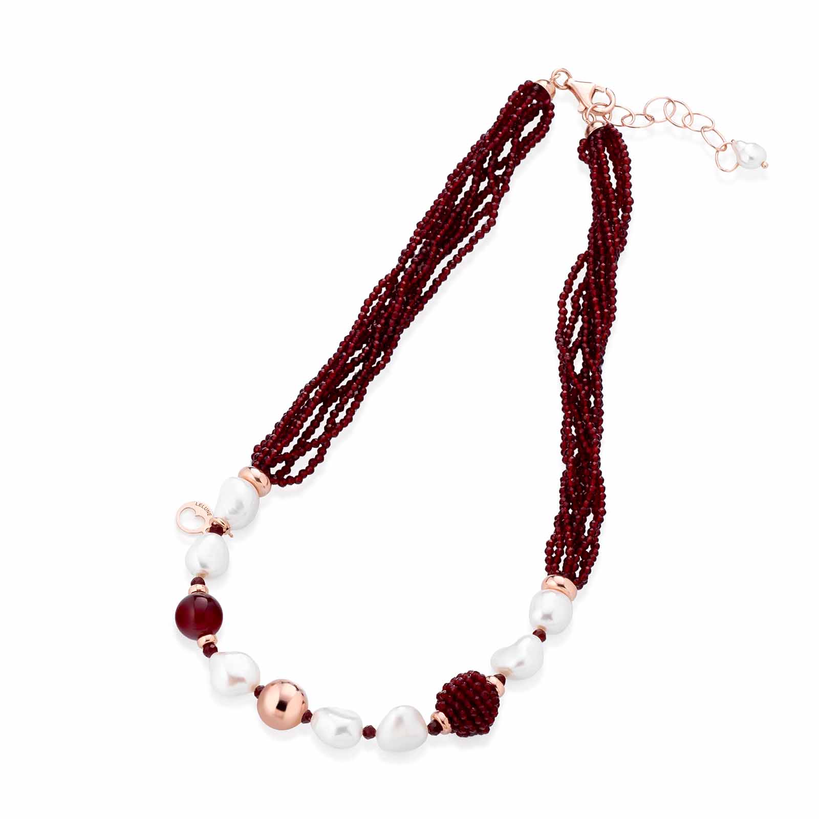 Collana con perle d'acqua dolce, AG925 rosa, spinello ciliegia e giada rossa