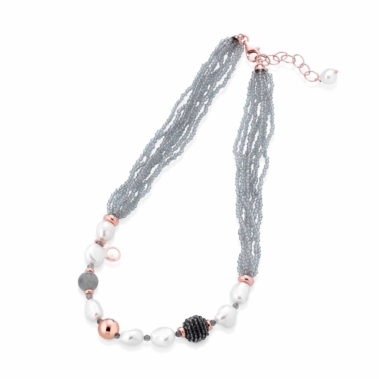 Collana con perle d'acqua dolce, AG925 rosa, spinello grigio e quarzo cloudy