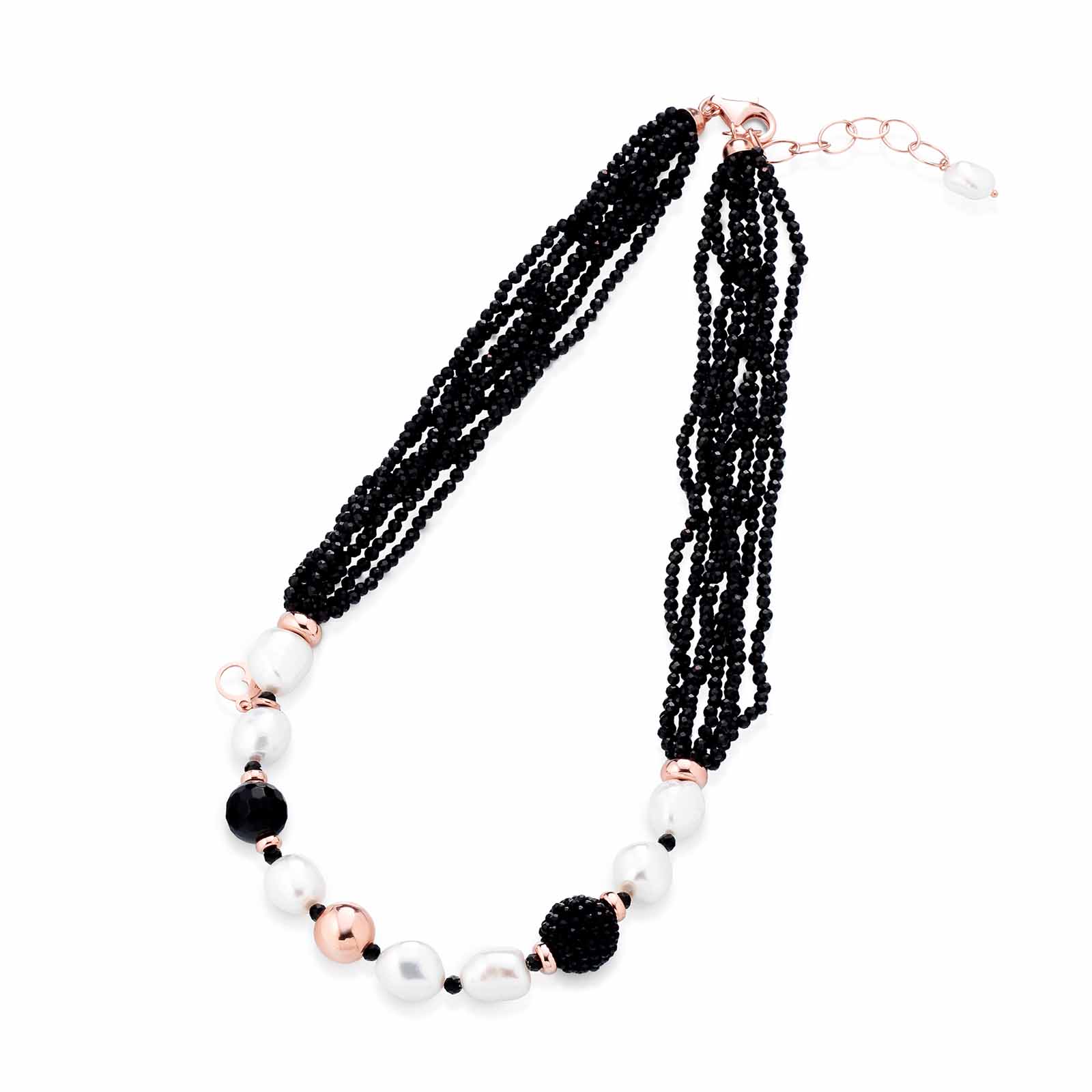 Collana con perle d'acqua dolce, AG925 rosa, spinello nero e agata nera
