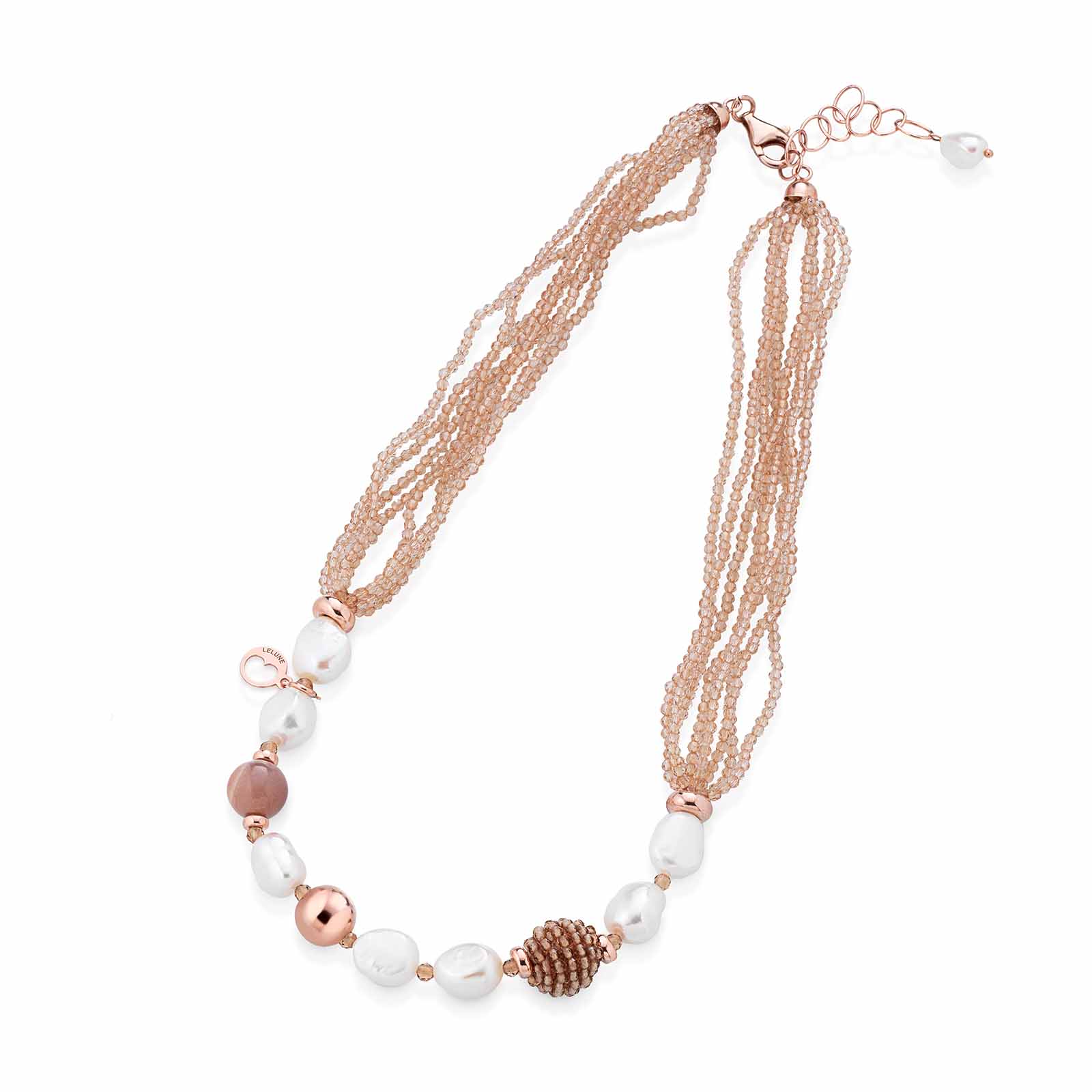 Collana con perle d'acqua dolce, AG925 rosa, spinello miele e moonstone
