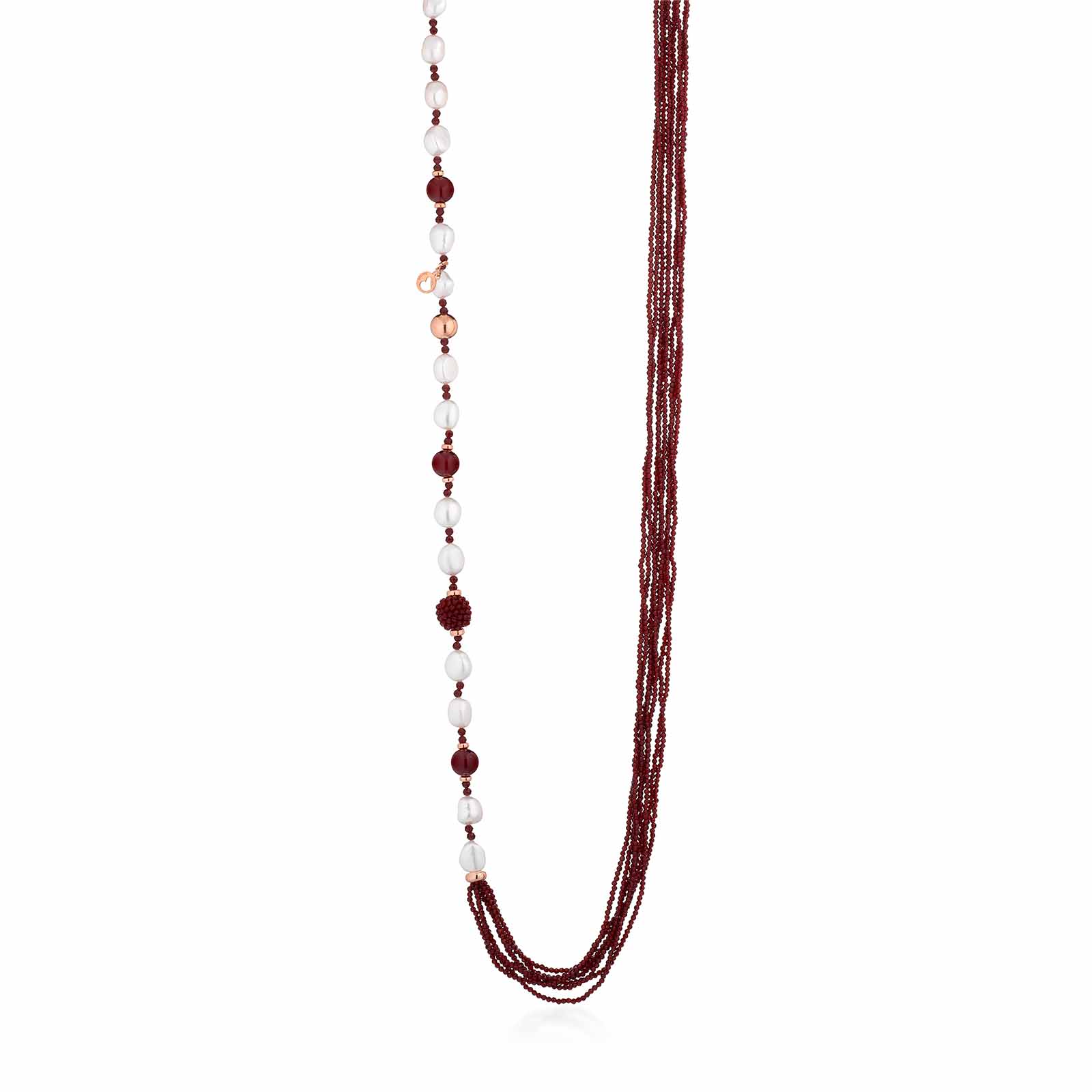 Collana con perle d'acqua dolce, AG925 rosa, spinello ciliegia e giada rossa
