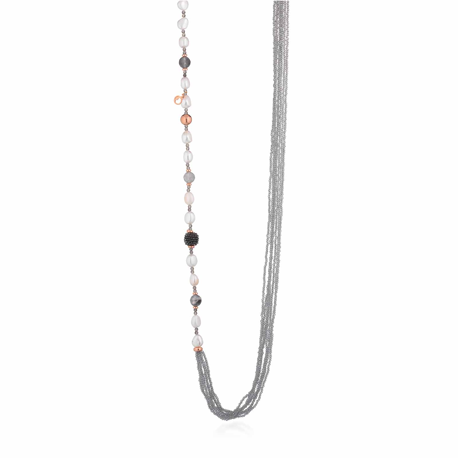 Collana con perle d'acqua dolce, AG925 rosa, spinello grigio e quarzo cloudy