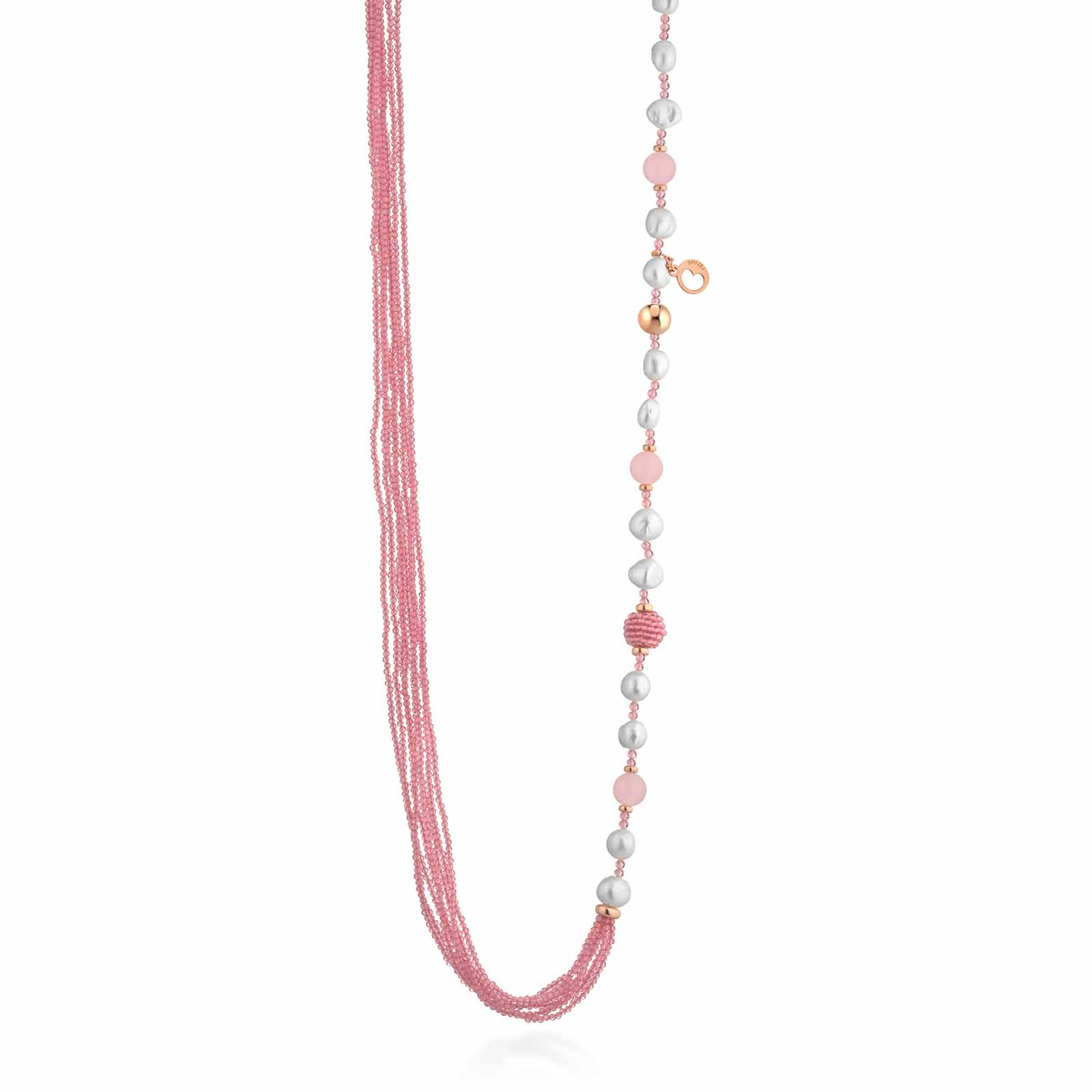 Collana con spinello rosa, perle d'acqua dolce, giada rosa e argento rosa