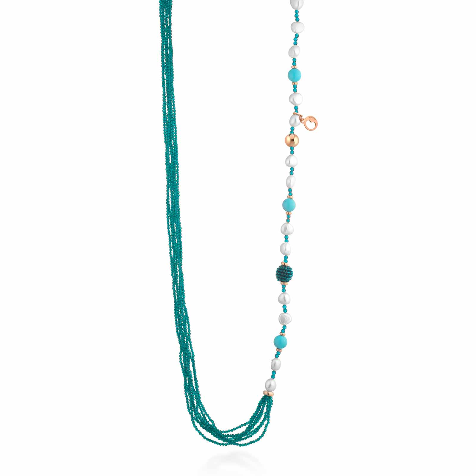 Collana con spinello turchese, perle d'acqua dolce, pasta di turchese e argento rosa