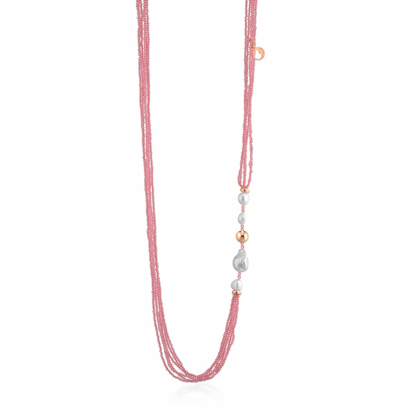 Collana con spinello rosa, perle d'acqua dolce e argento rosa