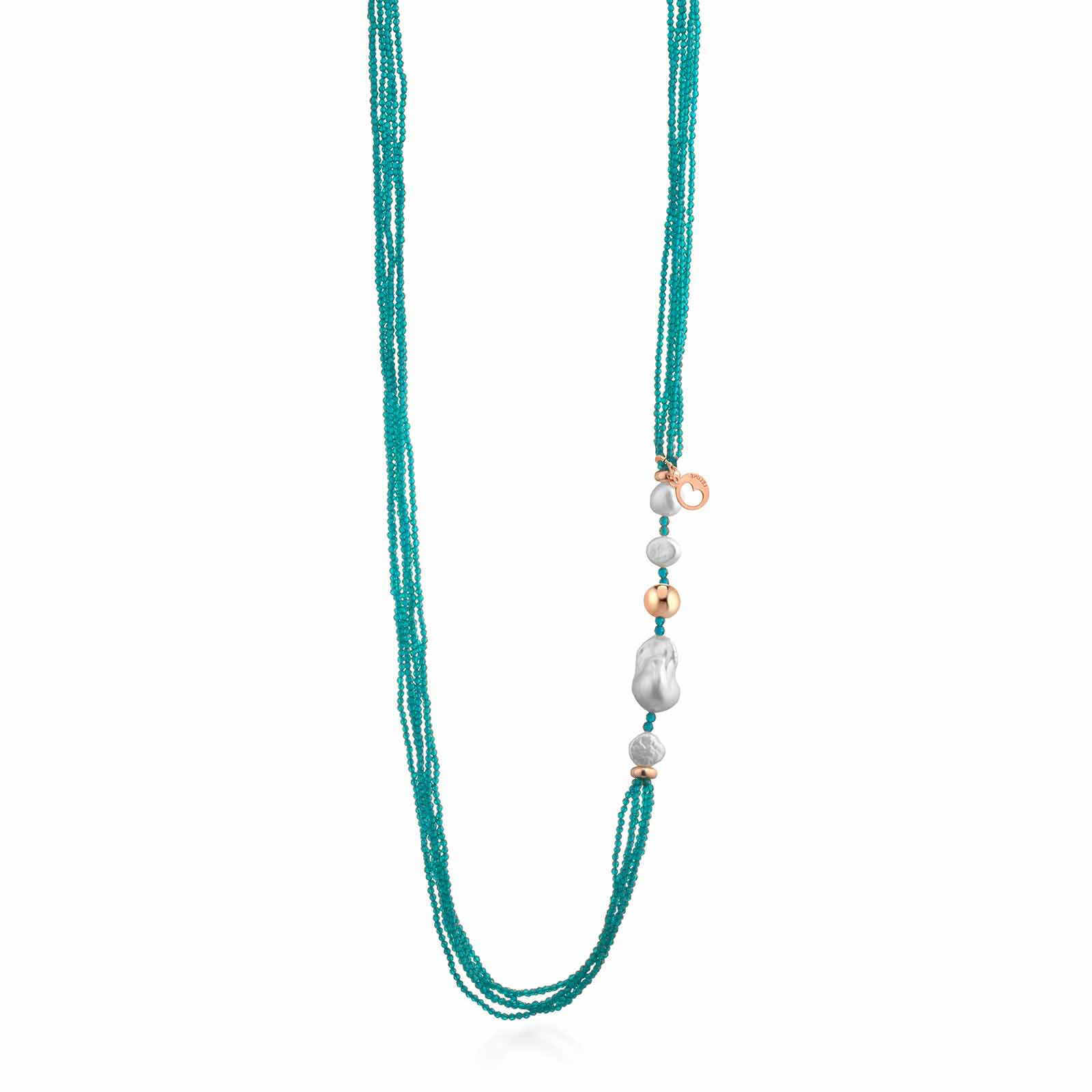 Collana con spinello turchese, perle d'acqua dolce e argento rosa