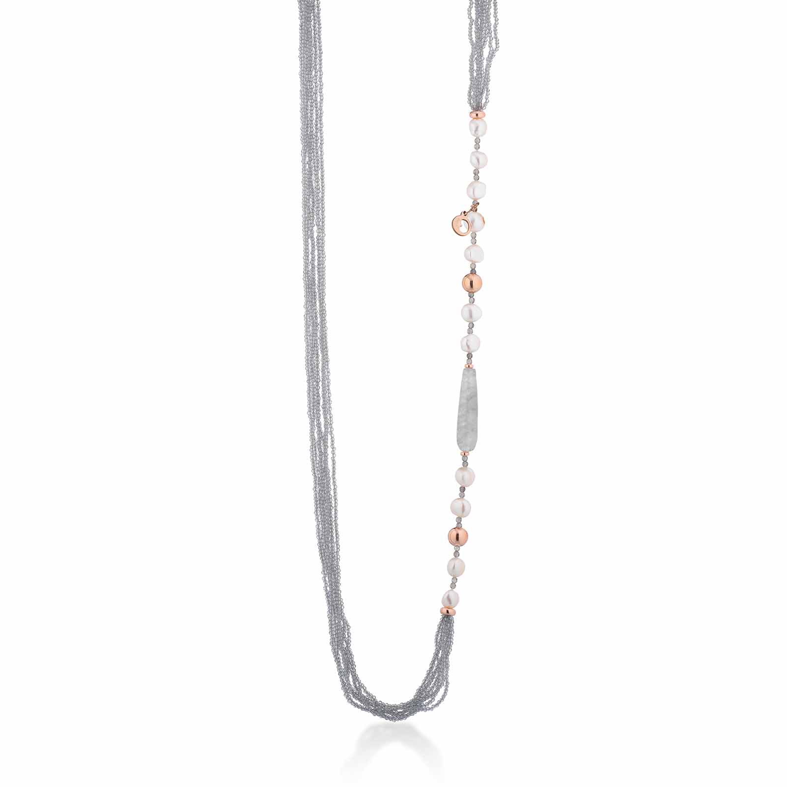 Collana con perle d'acqua dolce, AG925 rosa, spinello grigio e quarzo cloudy