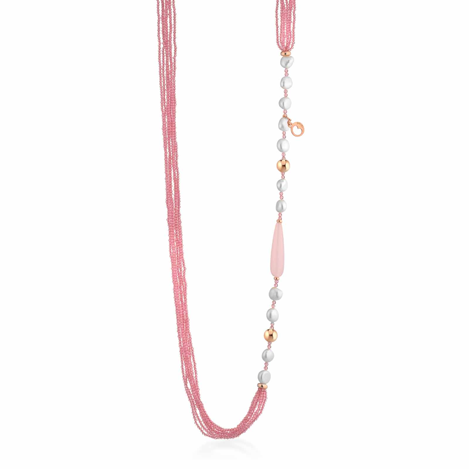 Collana con spinello rosa, perle d'acqua dolce, giada rosa e argento rosa