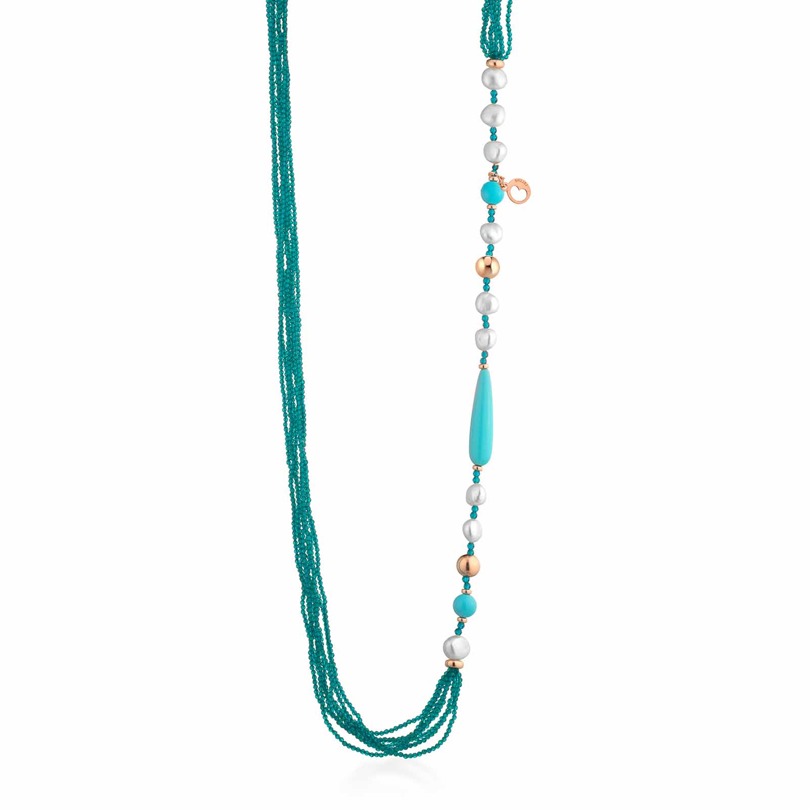 Collana con spinello turchese, perle d'acqua dolce, pasta di turchese e argento rosa