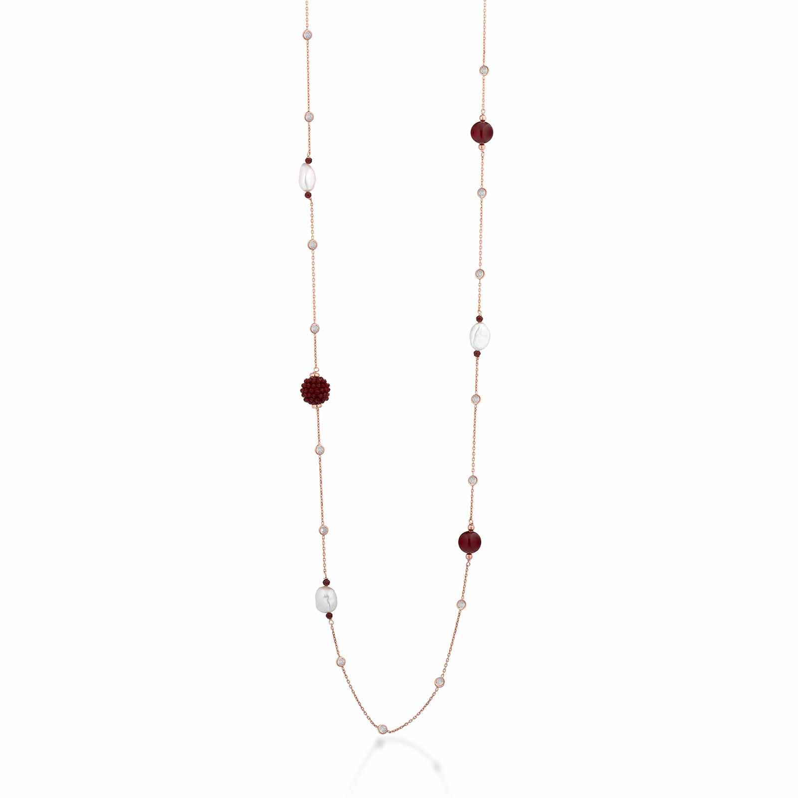 Collana con perle d'acqua dolce, AG925 rosa, spinello ciliegia e zirconi bianchi