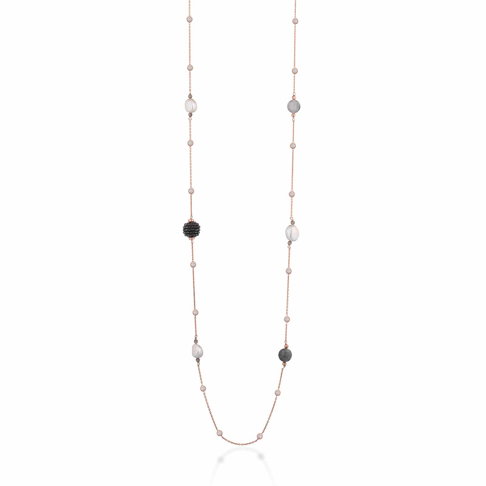 Collana con perle d'acqua dolce, AG925 rosa, spinello grigio, quarzo cloudy e zirconi bianchi