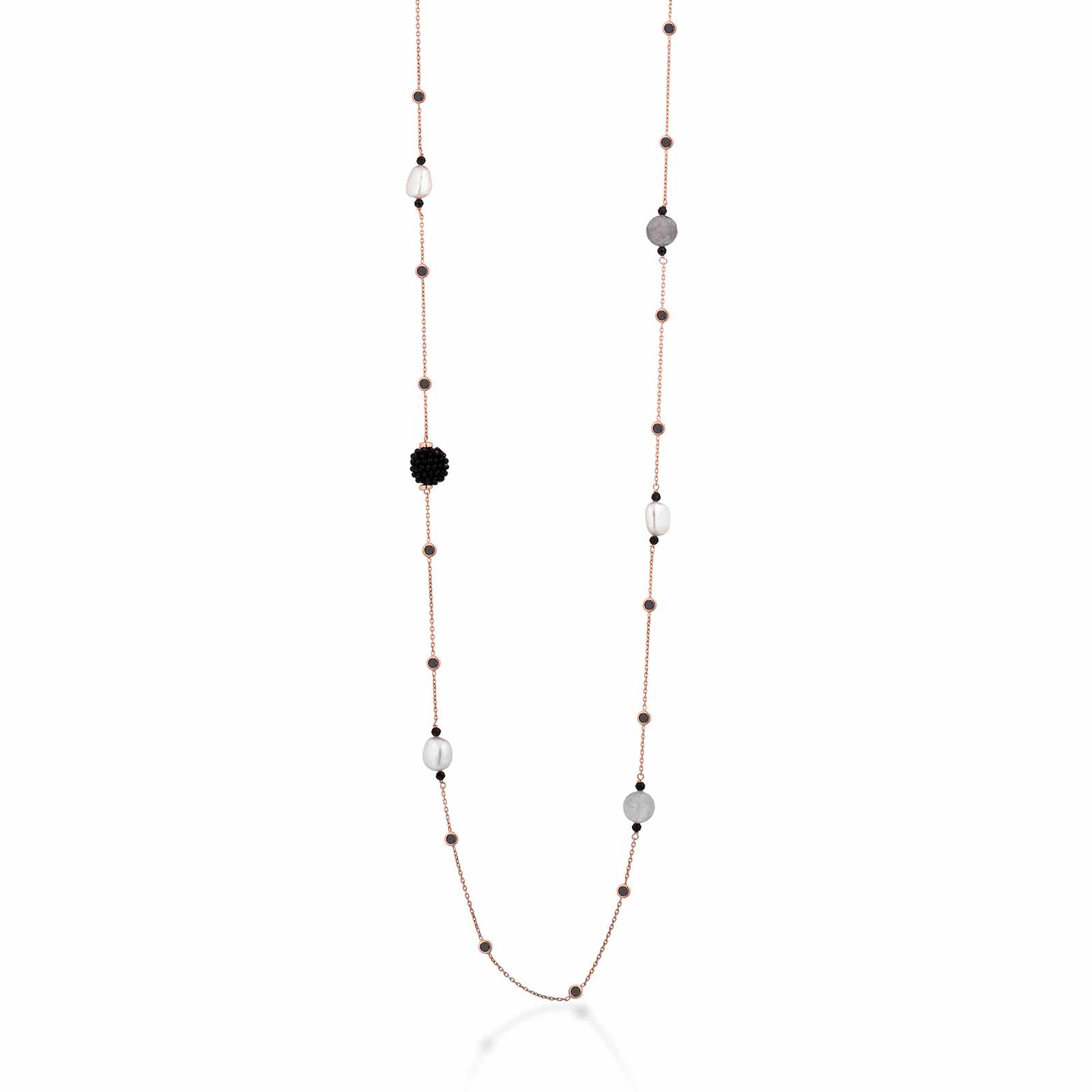 Collana con perle d'acqua dolce, AG925 rosa, spinello nero, quarzo cloudy e zirconi neri