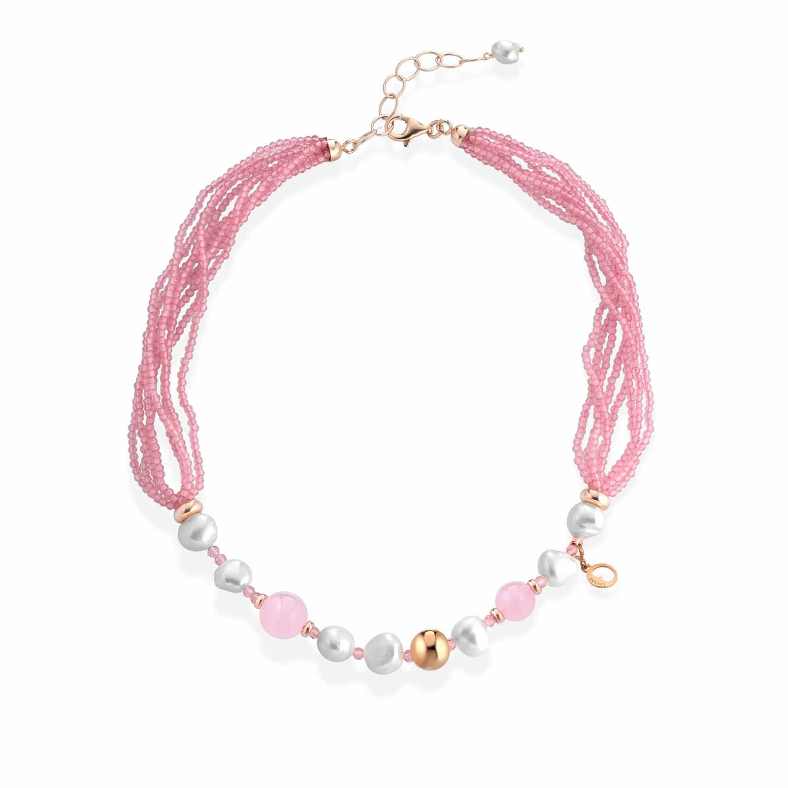 Collana con spinello rosa, perle d'acqua dolce, giada rosa e argento rosa