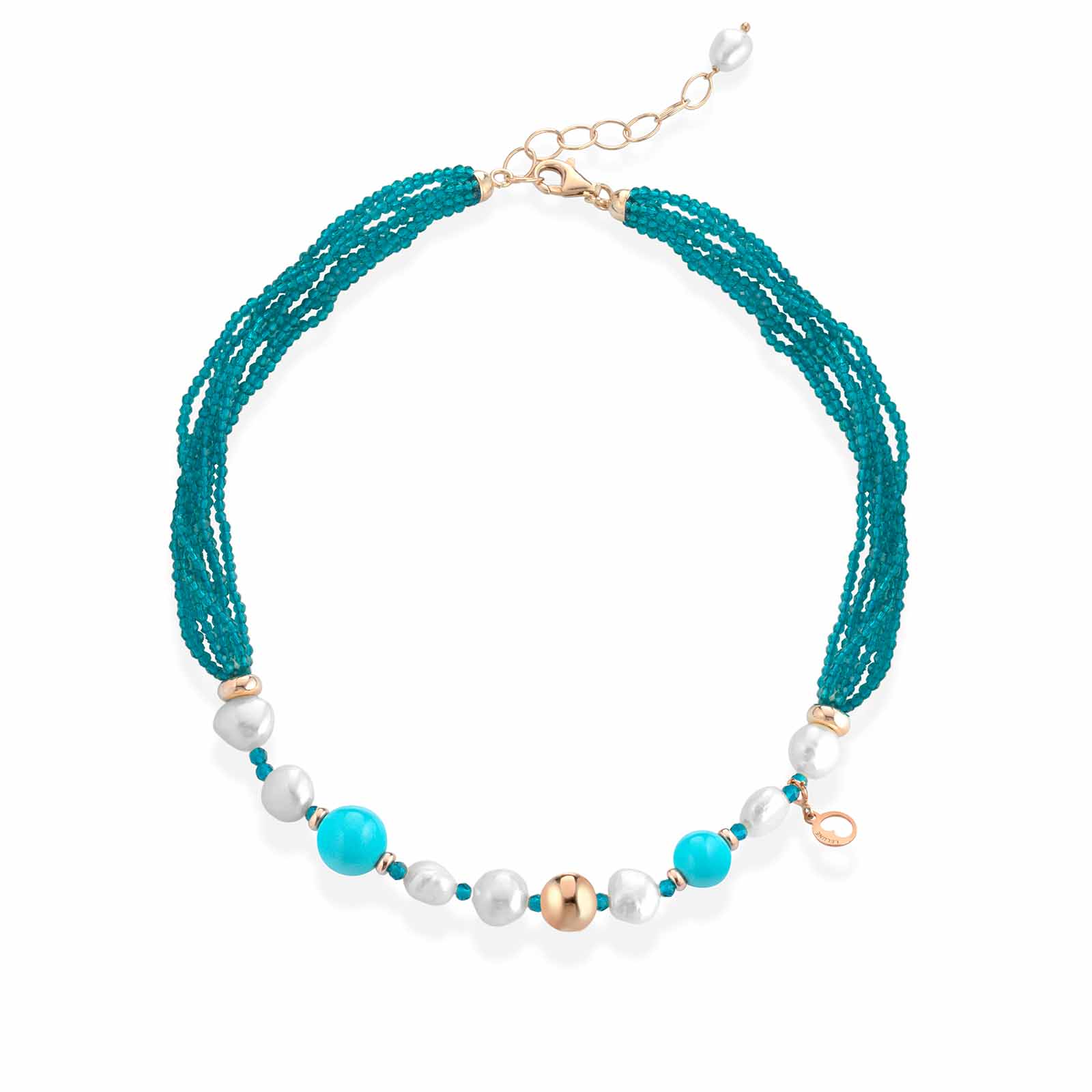 Collana con spinello turchese, perle d'acqua dolce, pasta di turchese e argento rosa