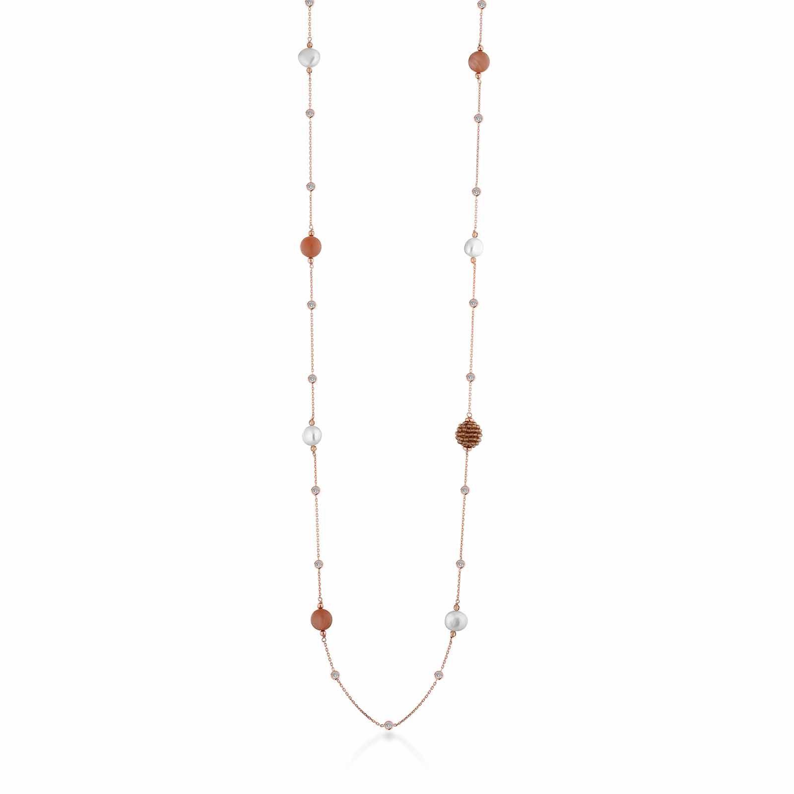 Collana con perle d'acqua dolce, AG925 rosa, spinello miele, moonstone e zirconi bianchi