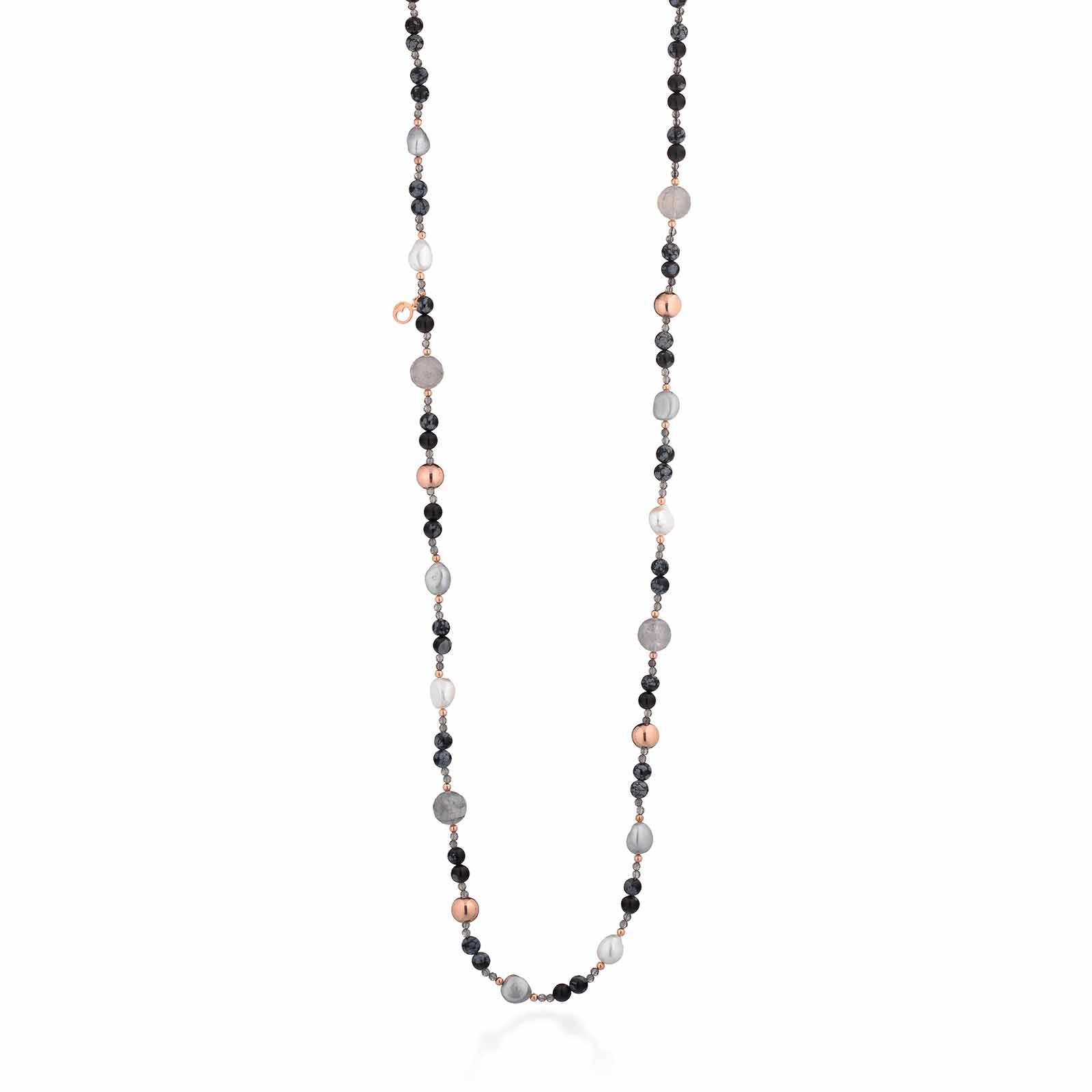 Collana con perle d'acqua dolce, AG925 rosa, ossidiana e quarzo cloudy
