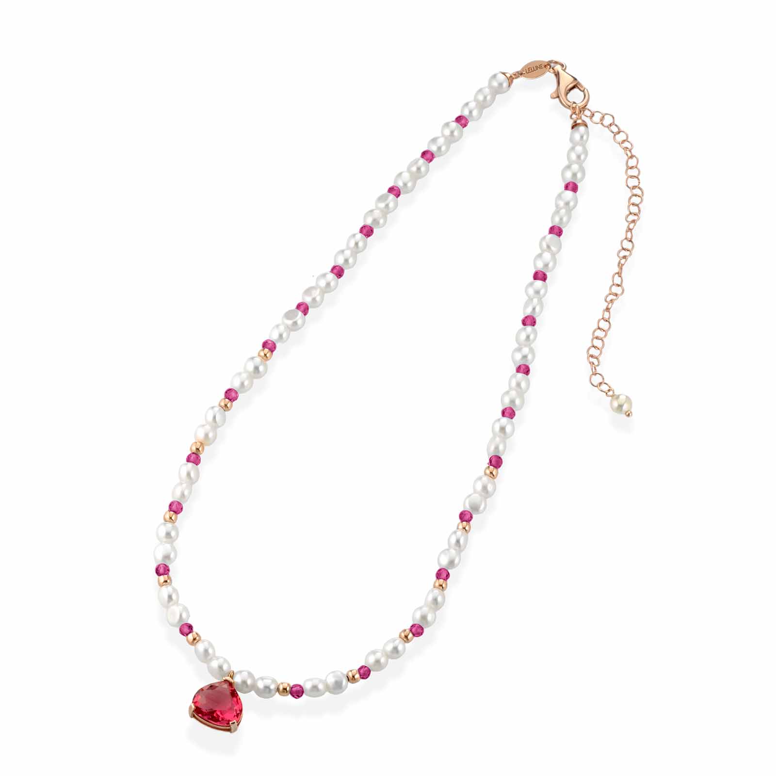 Collana con perle d'acqua dolce, argento rosa, spinello fuxia e cristallo fuxia