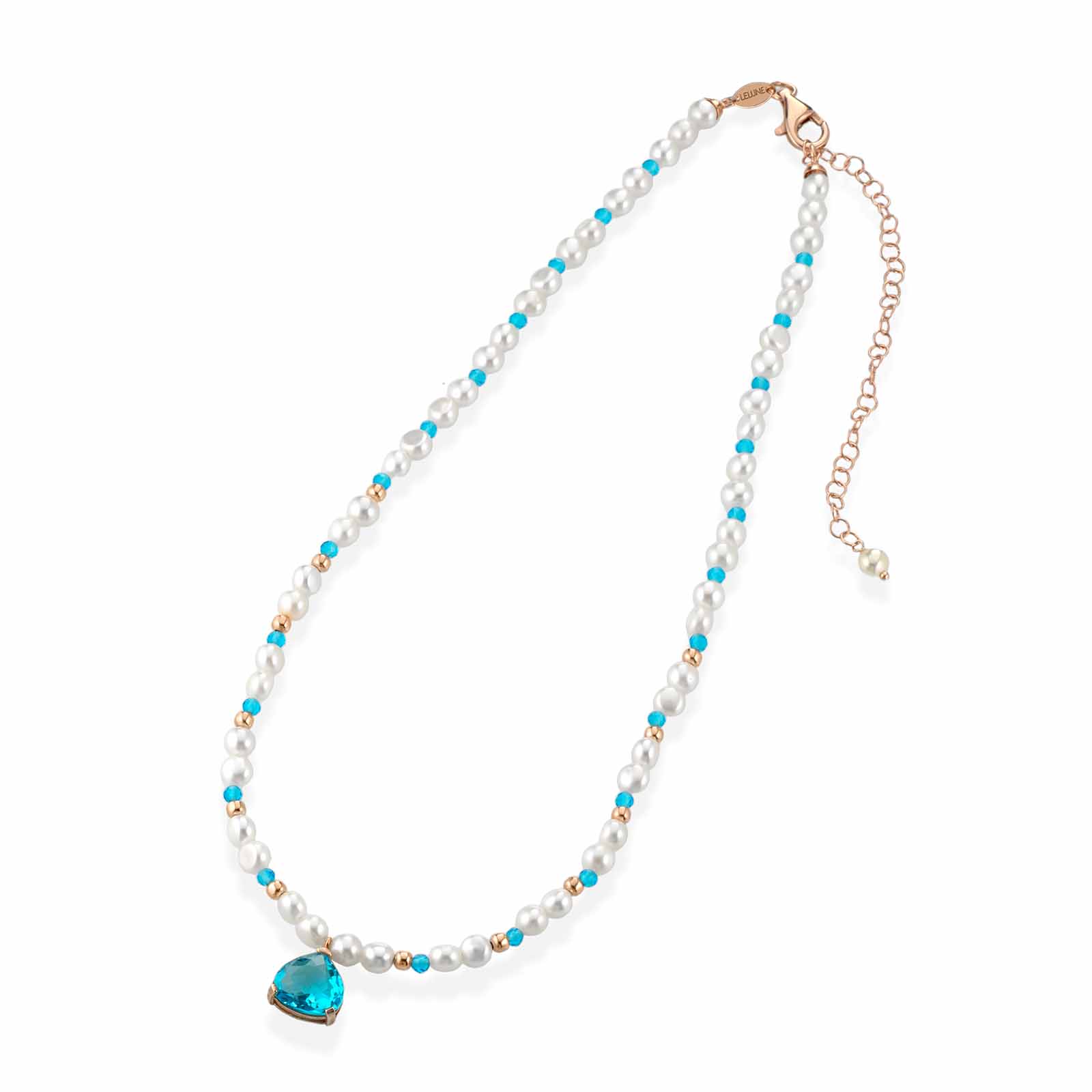 Collana con perle d'acqua dolce, argento rosa, spinello turchese e cristallo turchese