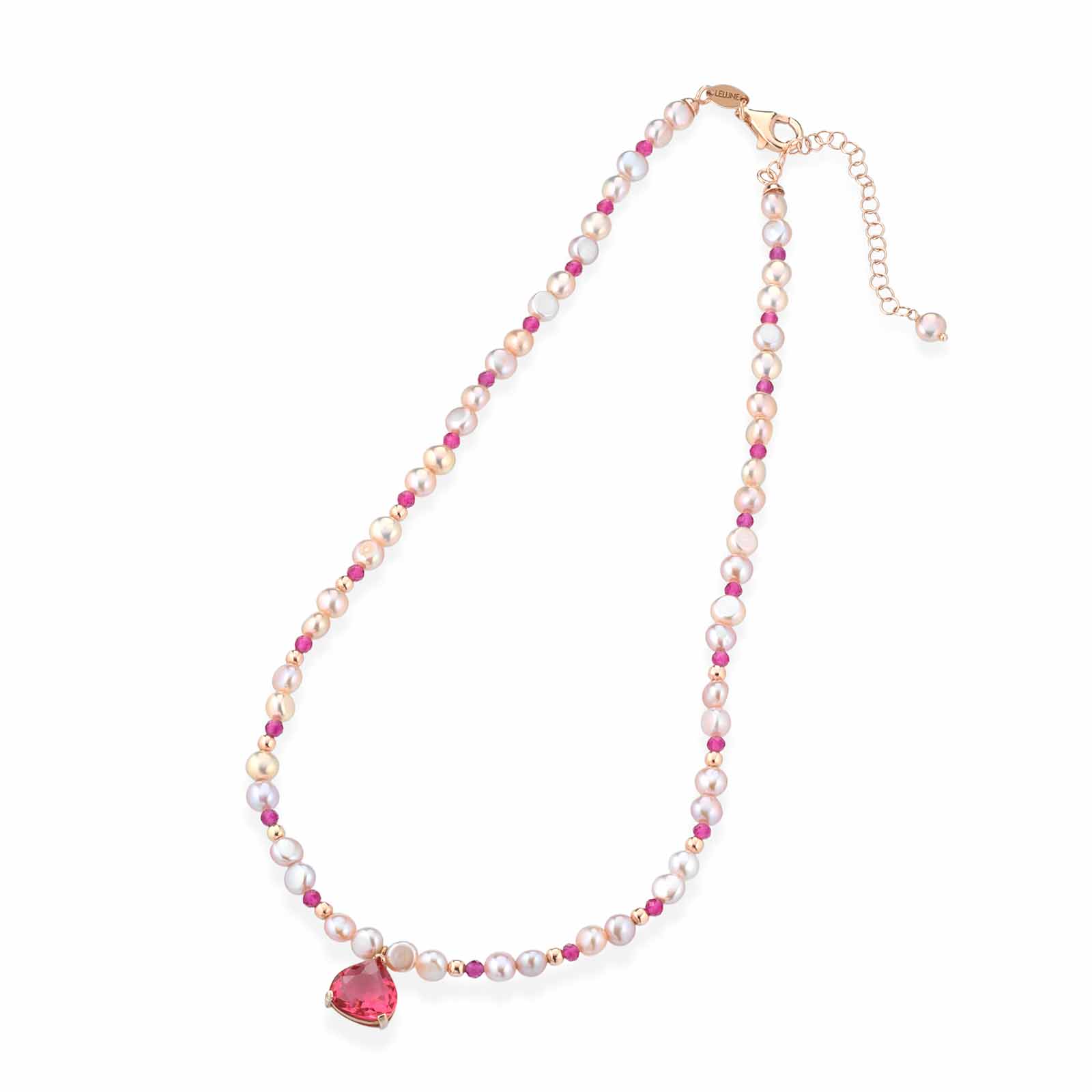 Collana con perle d'acqua dolce rosa, argento rosa, spinello fuxia e cristallo fuxia