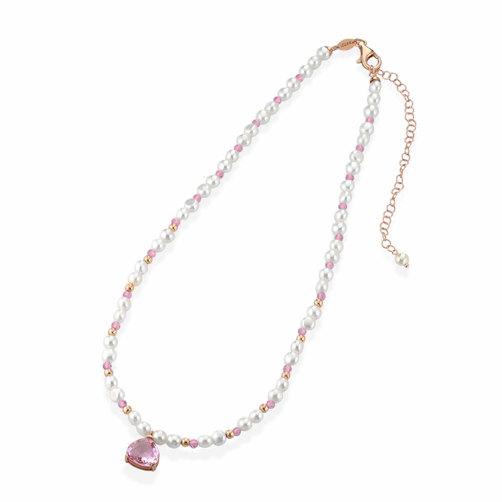 Collana con perle d'acqua dolce, argento rosa, spinello rosa e cristallo rosa