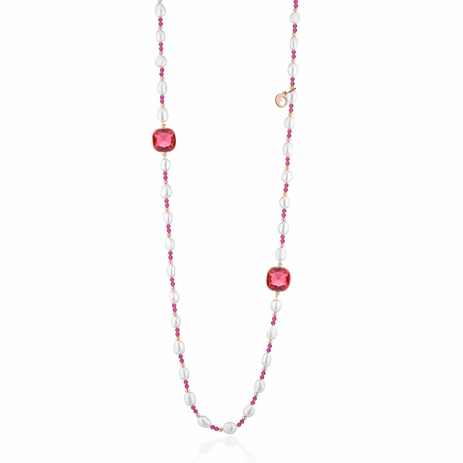 Collana con perle d'acqua dolce, argento rosa, spinello fuxia e cristalli fuxia