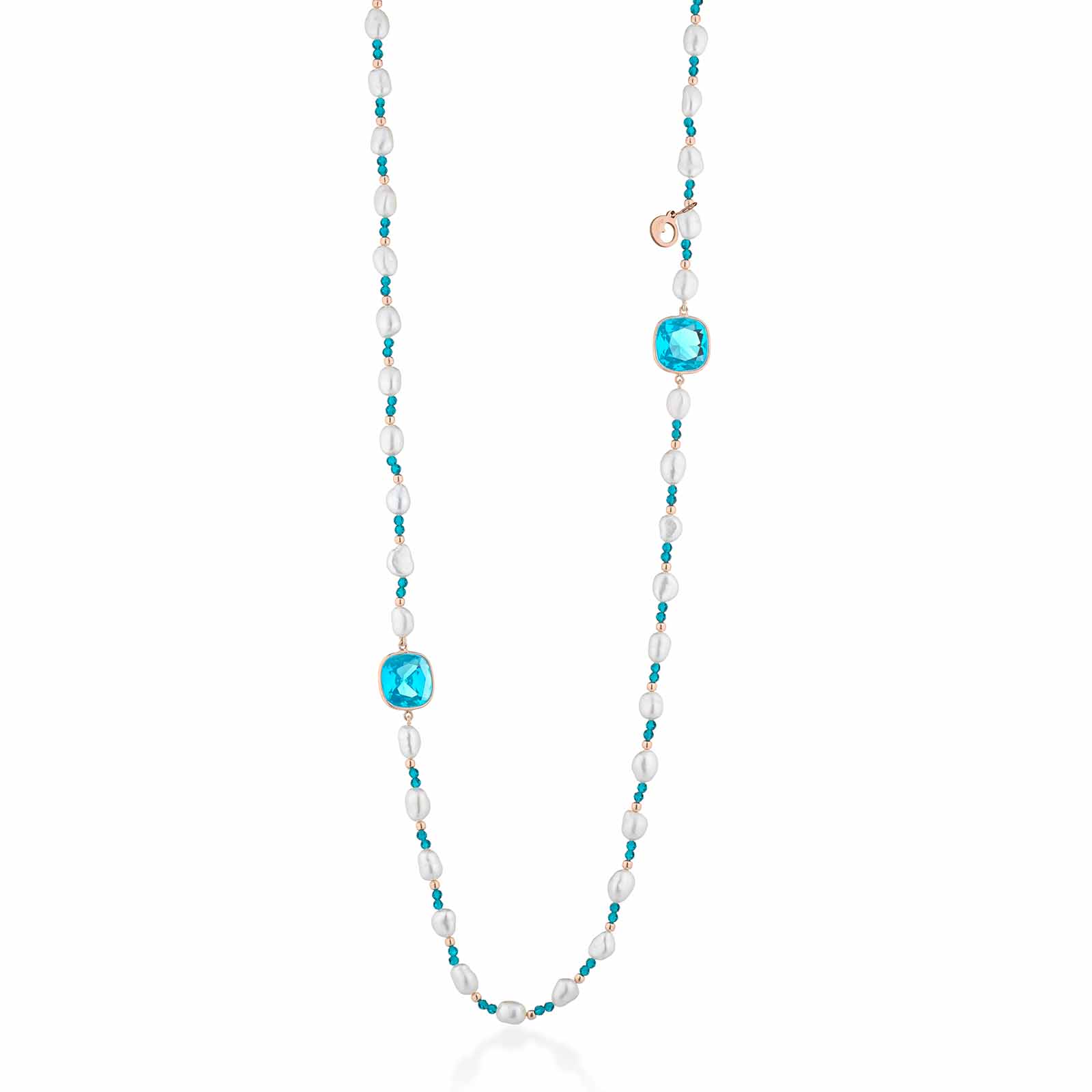 Collana con perle d'acqua dolce, argento rosa, spinello turchese e cristalli turchesi