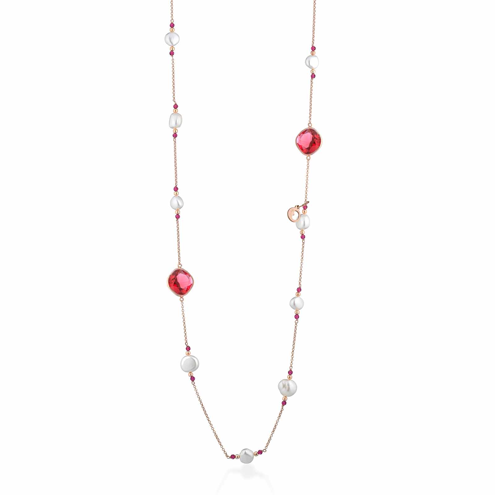 Collana in argento rosa con perle d'acqua dolce, spinello fuxia e cristalli fuxia
