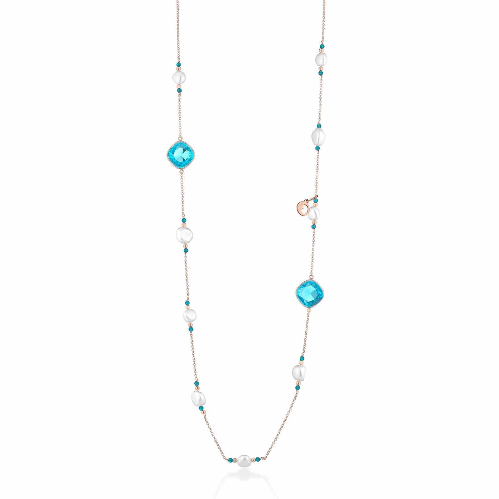Collana in argento rosa con perle d'acqua dolce, spinello turchese e cristalli turchesi
