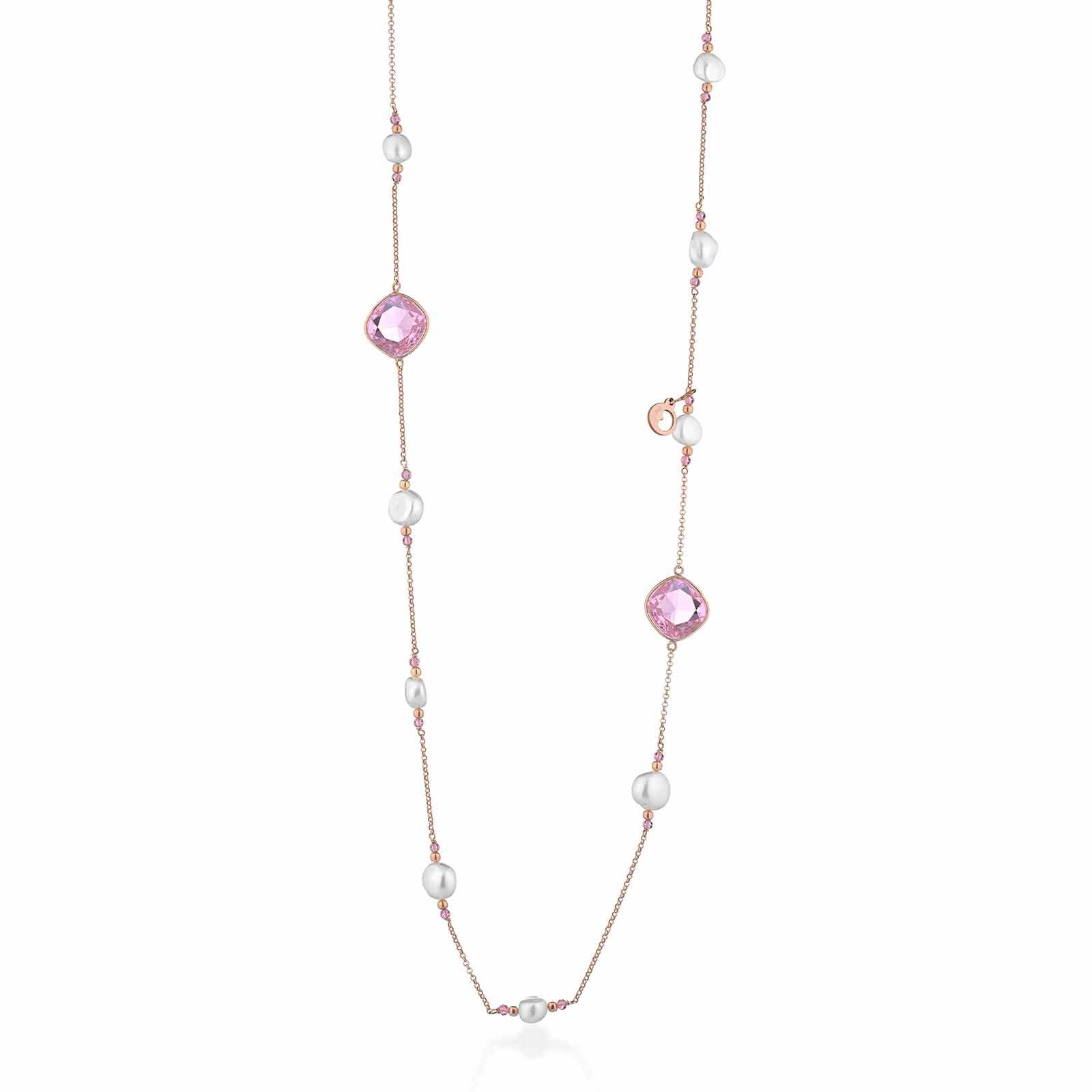 Collana in argento rosa con perle d'acqua dolce, spinello rosa e cristalli rosa