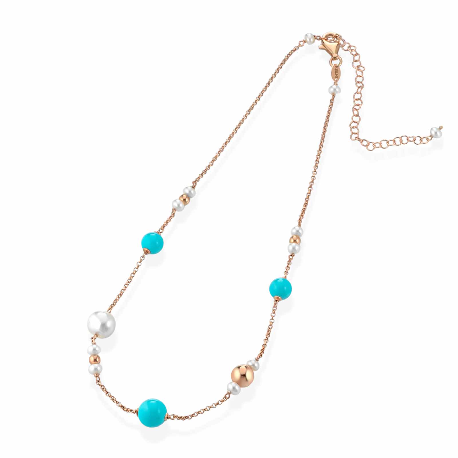Collana in argento rosa con pasta di turchese e perle d'acqua dolce