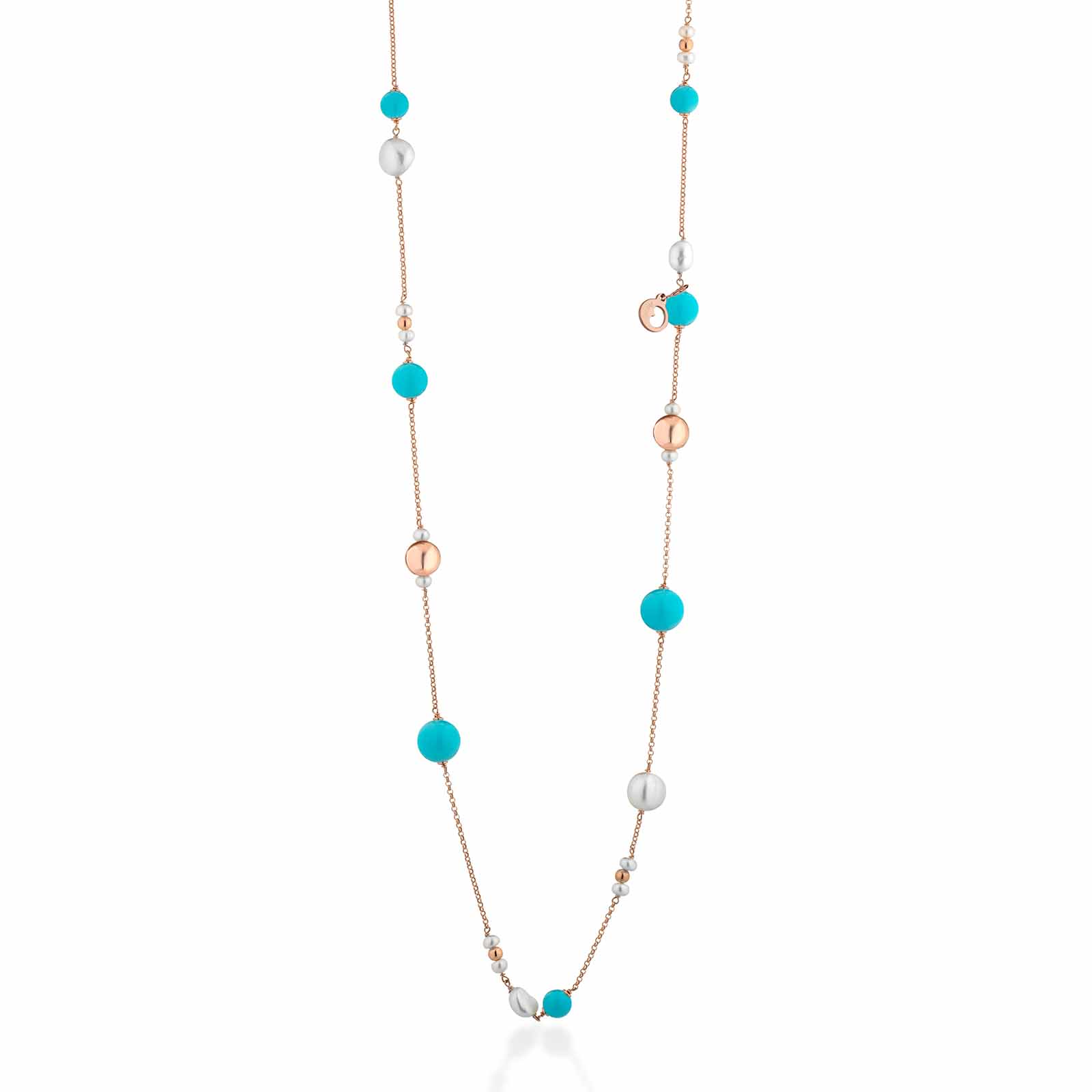 Collana in argento rosa con pasta di turchese e perle d'acqua dolce