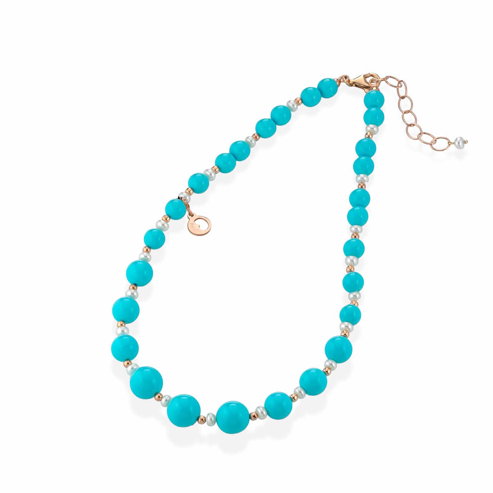 Collana in pasta di turchese con argento rosa e perle d'acqua dolce