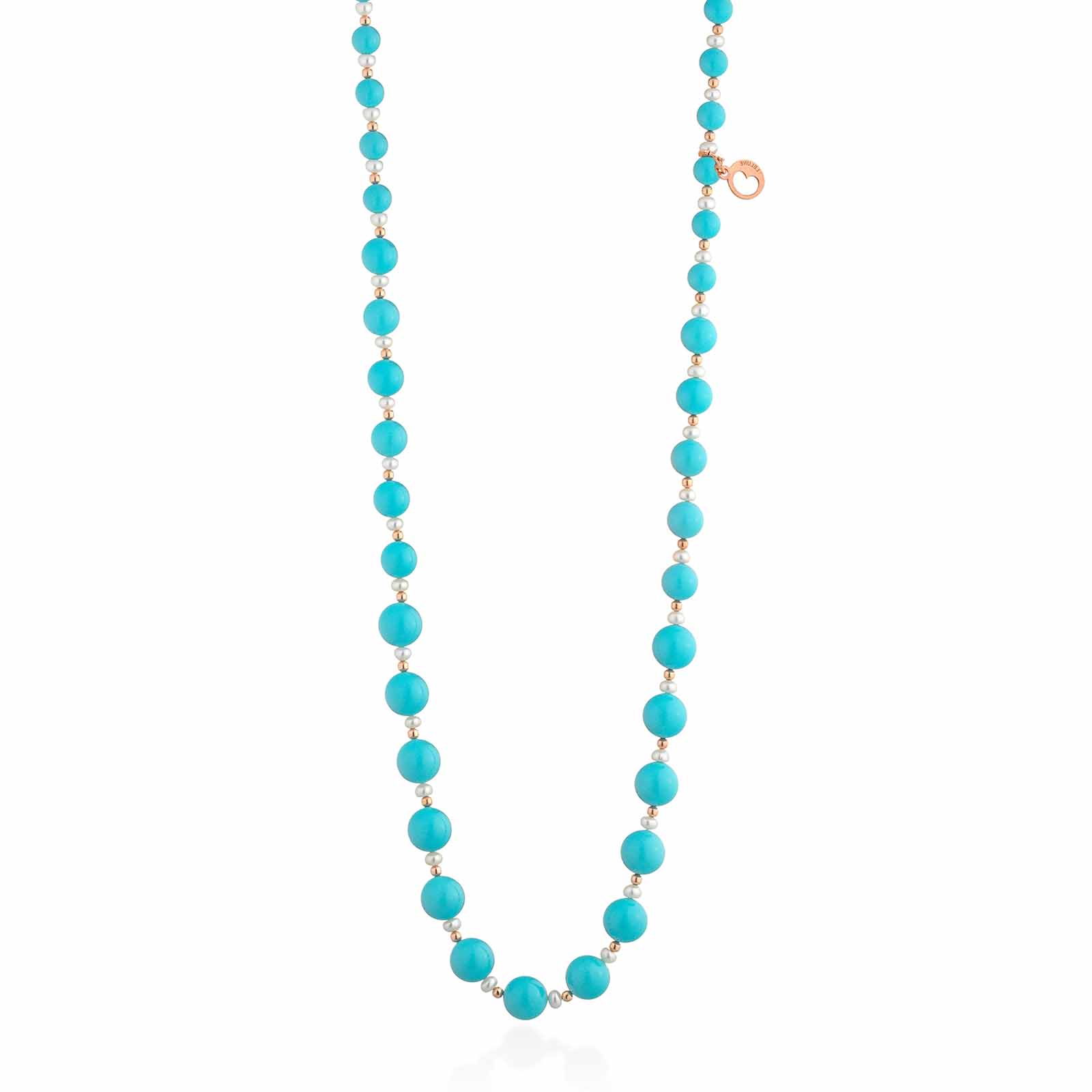 Collana in pasta di turchese con argento rosa e perle d'acqua dolce