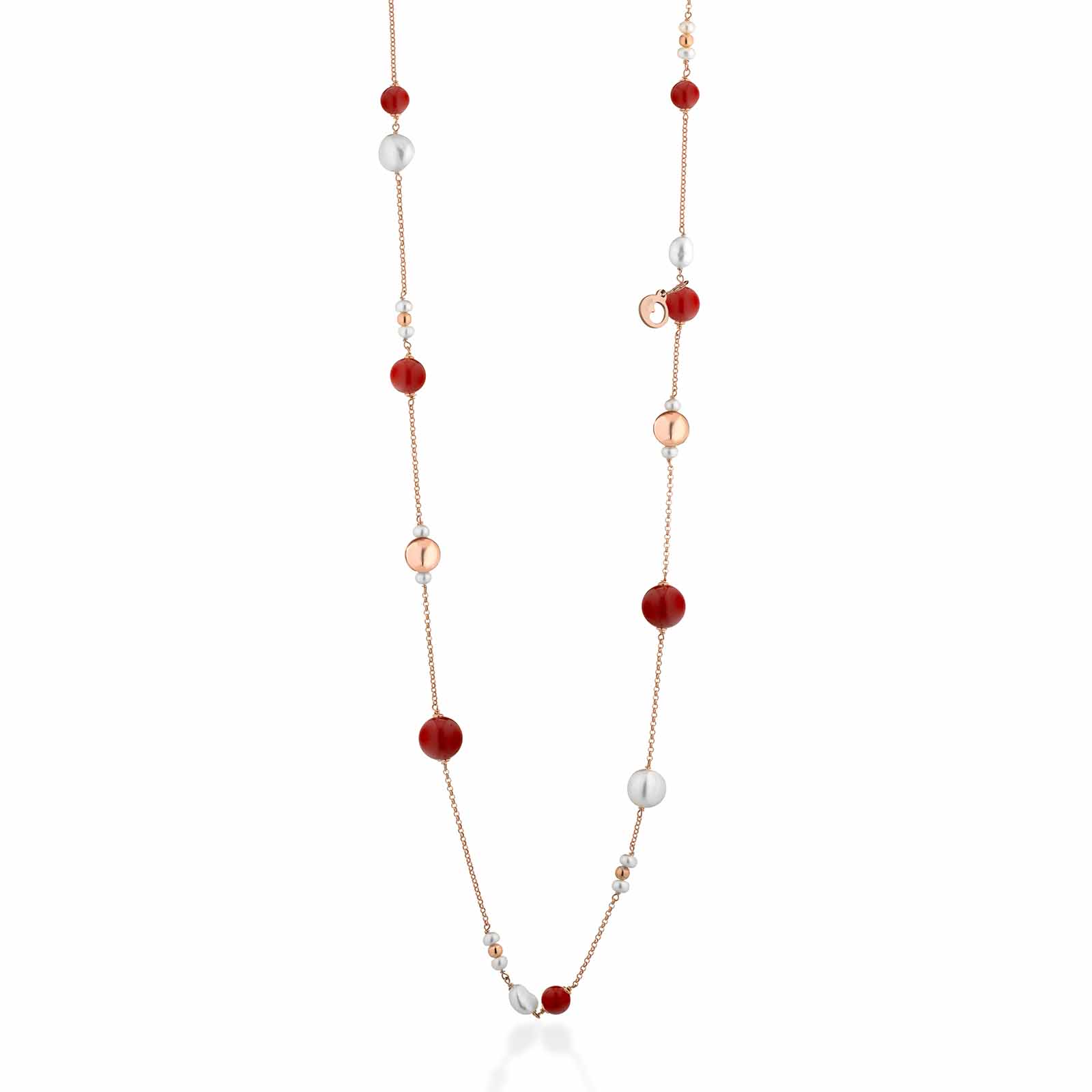 Collana in argento rosa con pasta di corallo e perle d'acqua dolce