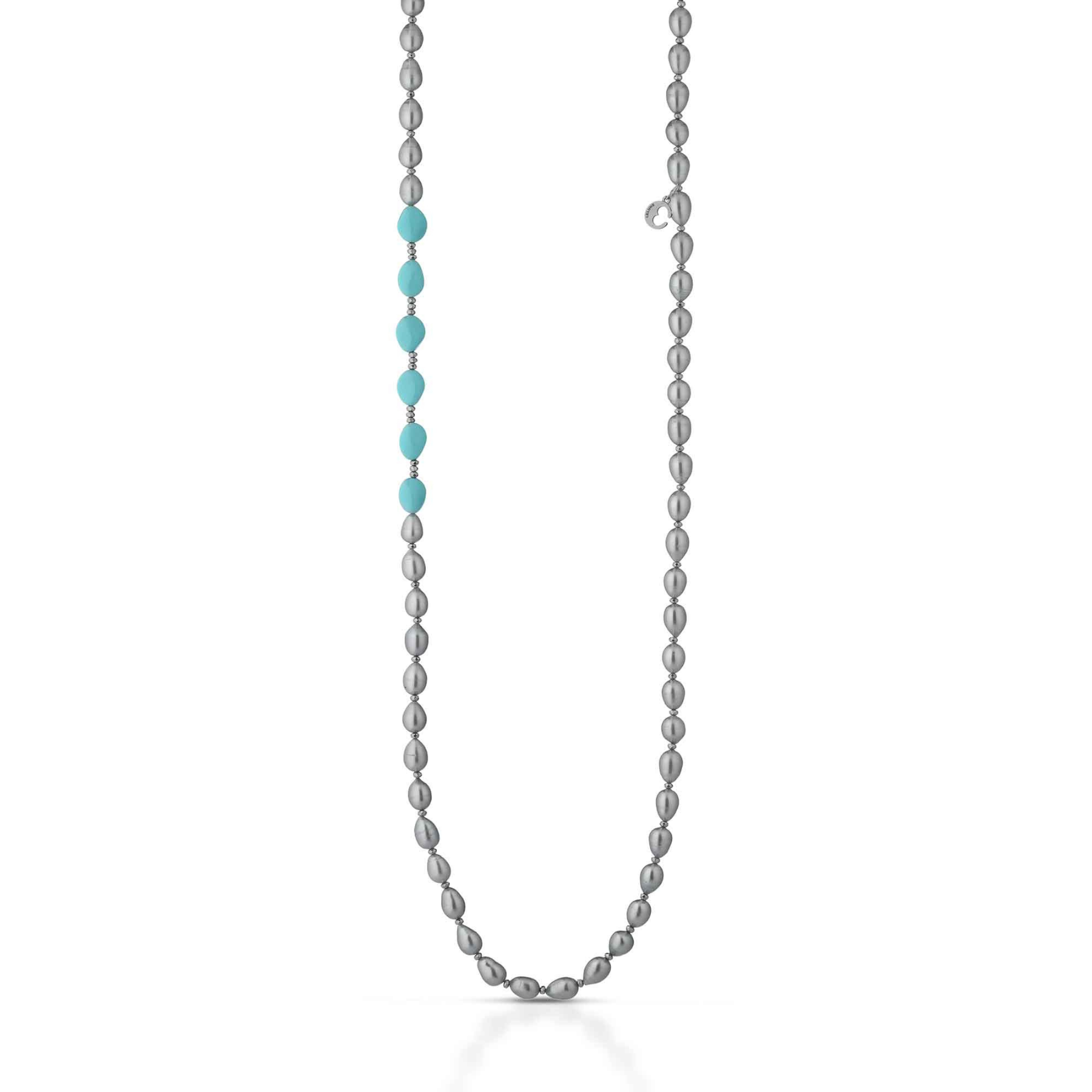 Turquoise | Collana con perle grigie, turchese, argento e pietre