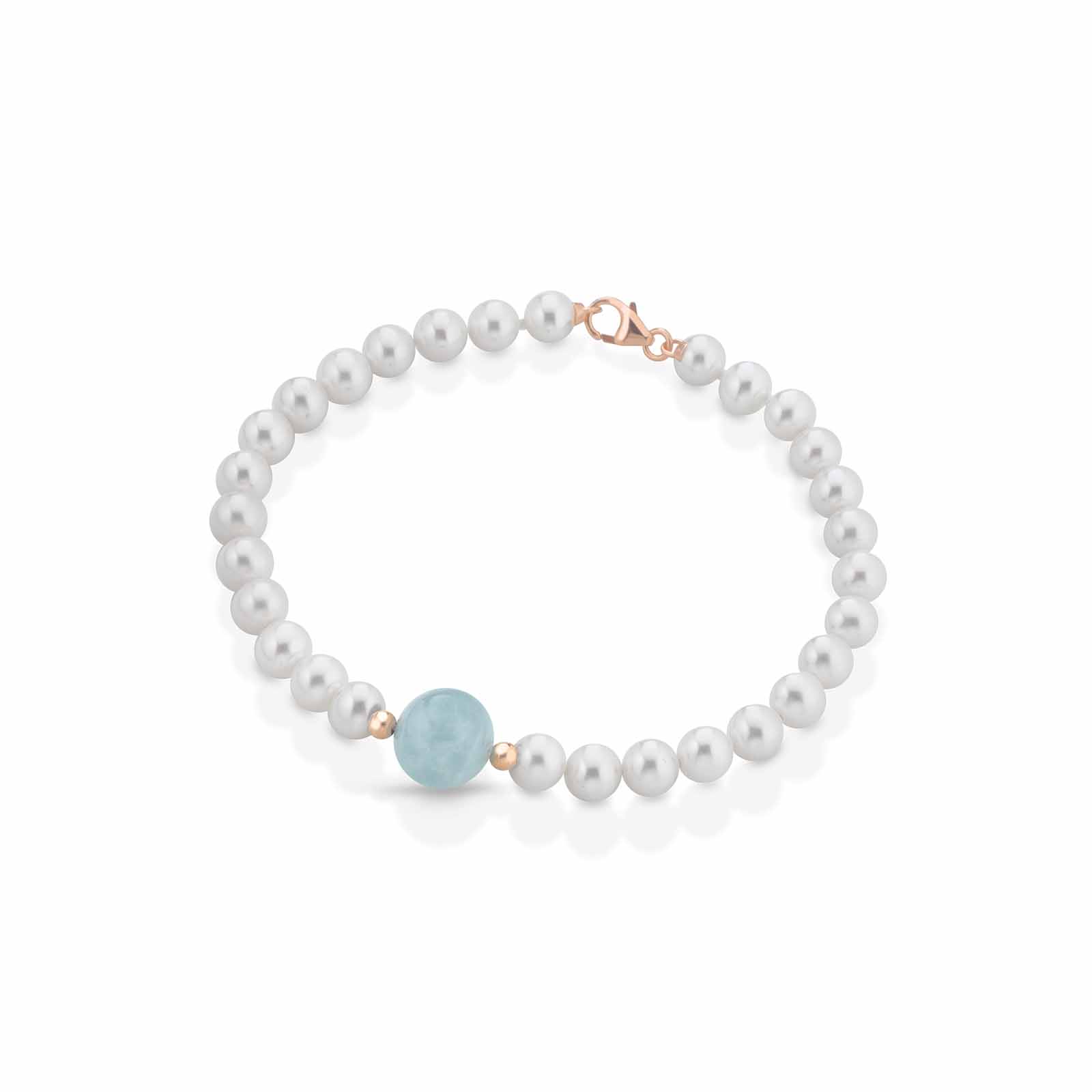 Bracciale con perle coltivate d'acqua dolce, acquamarina ed elementi e chiusura in oro rosa 18kt