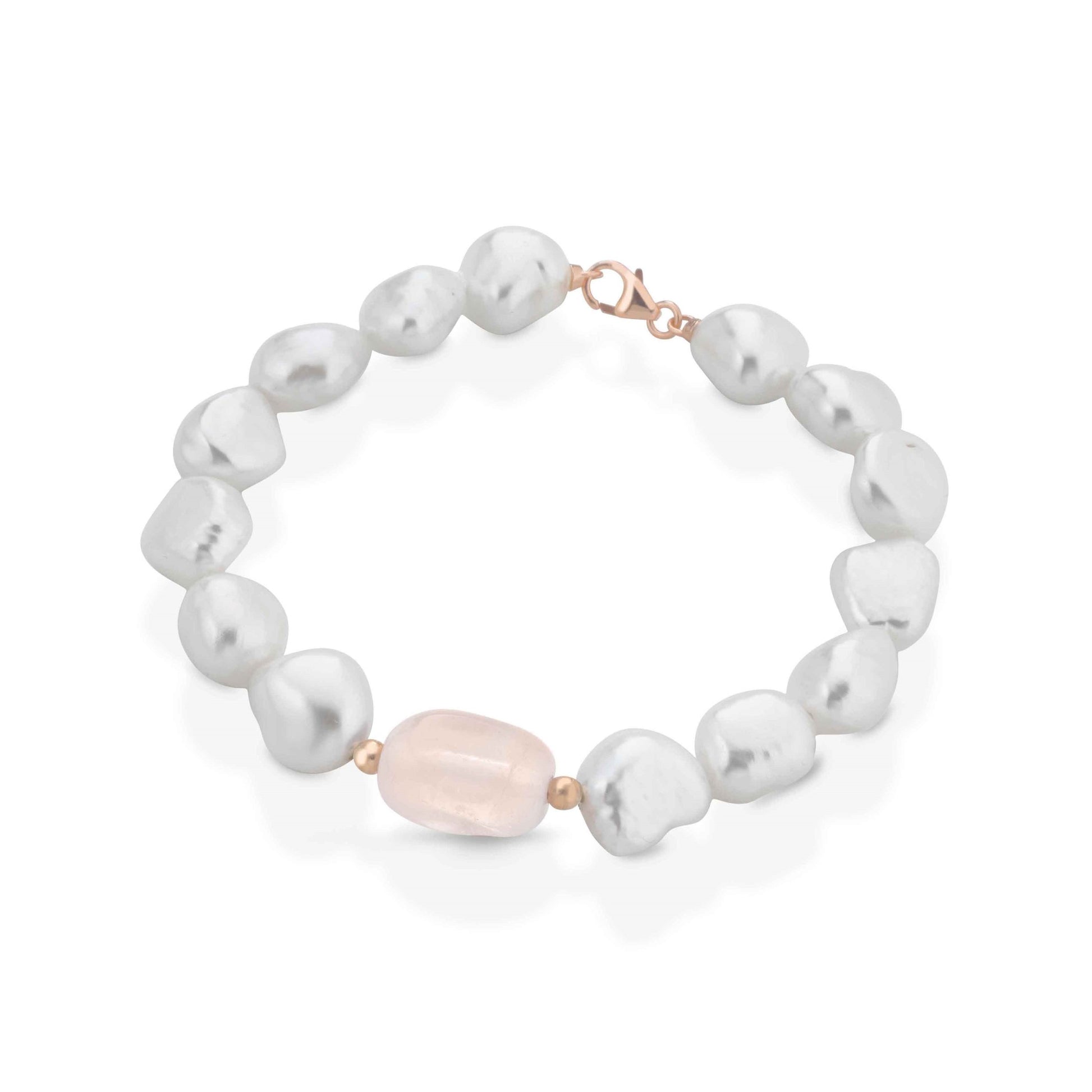 Bracciale in oro rosa con perle barocche e quarzo rosa