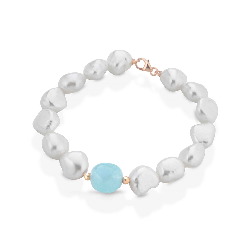 Bracciale in oro rosa con perle barocche e acquamarina