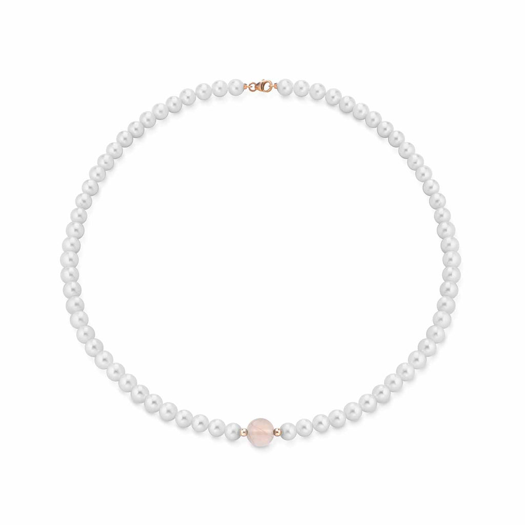 Collana in oro rosa con perle e quarzo rosa