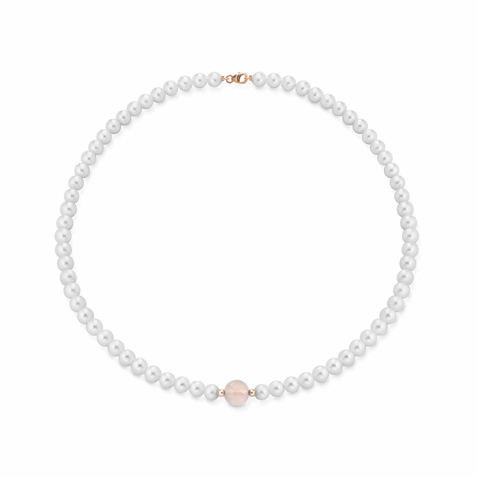 Collana in oro rosa con perle e quarzo rosa