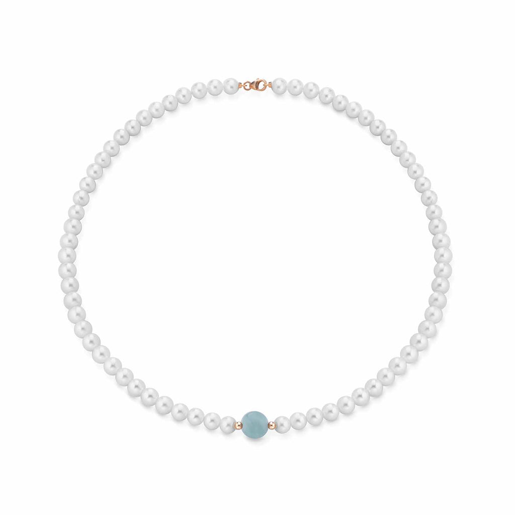 Collana con perle coltivate d'acqua dolce, acquamarina ed elementi e chiusura in oro rosa 18kt