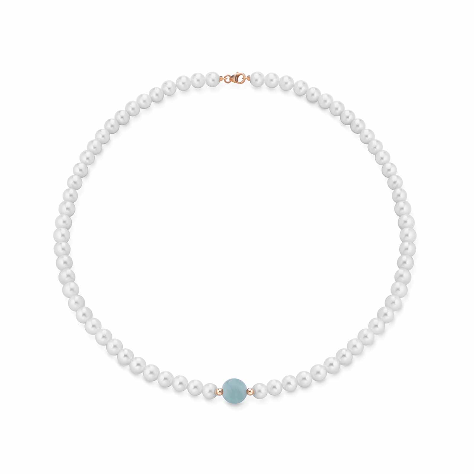 Collana con perle coltivate d'acqua dolce, acquamarina ed elementi e chiusura in oro rosa 18kt