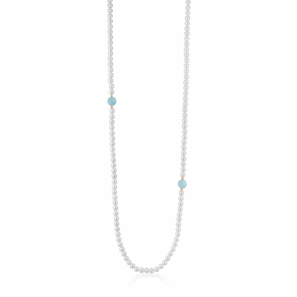 Collana con perle coltivate d'acqua dolce, acquamarina ed elementi e chiusura in oro rosa 18kt