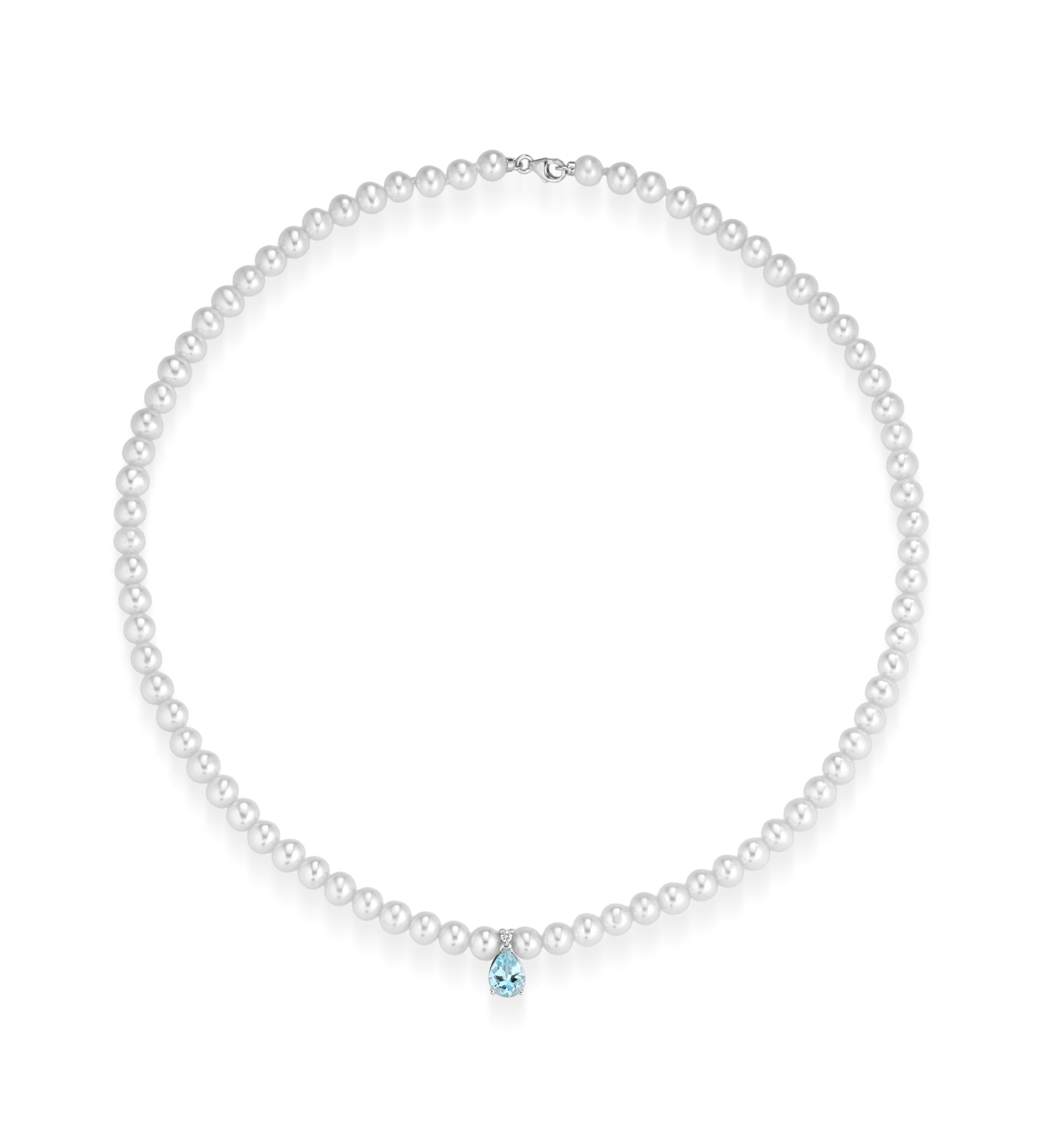 Collana Ninfea Oro Bianco 18K Perle Acquamarina Diamanti 41cm|LELUNE